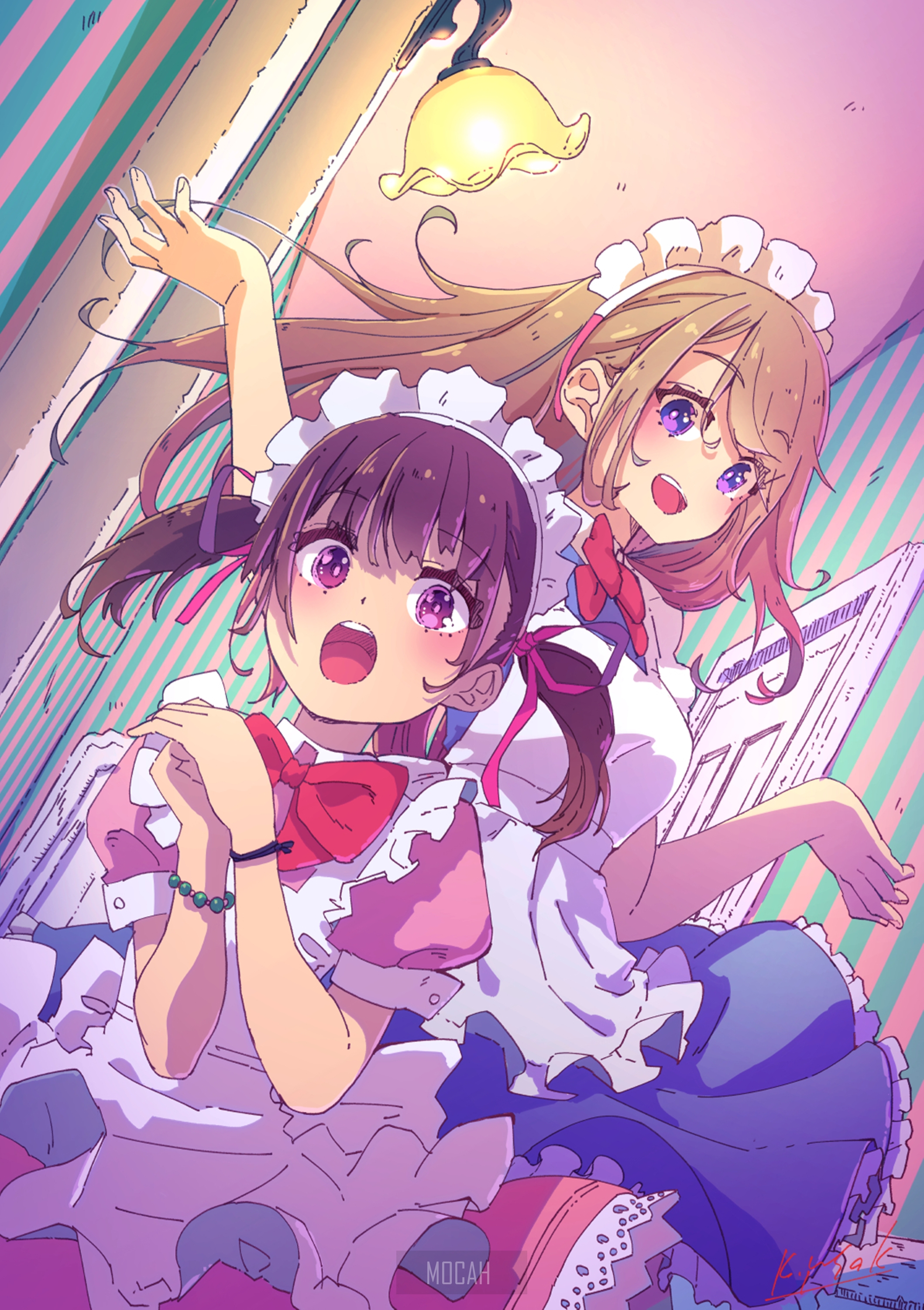 Two anime girls in maid outfits HD Phone Wallpaper