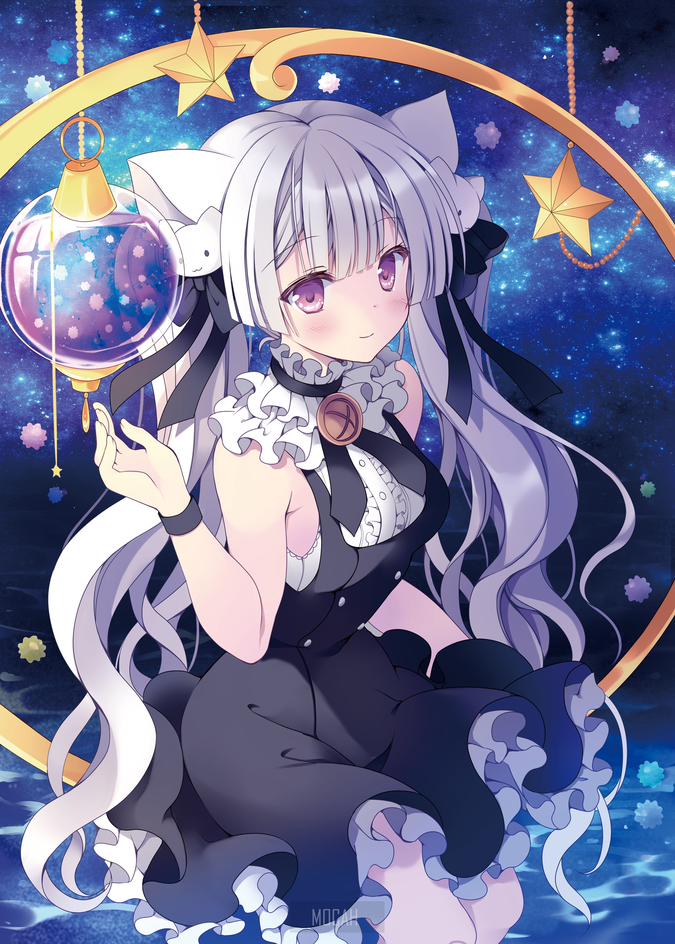 Serene Anime Girl with Cat Ears in Starry Night HD Phone Wallpaper