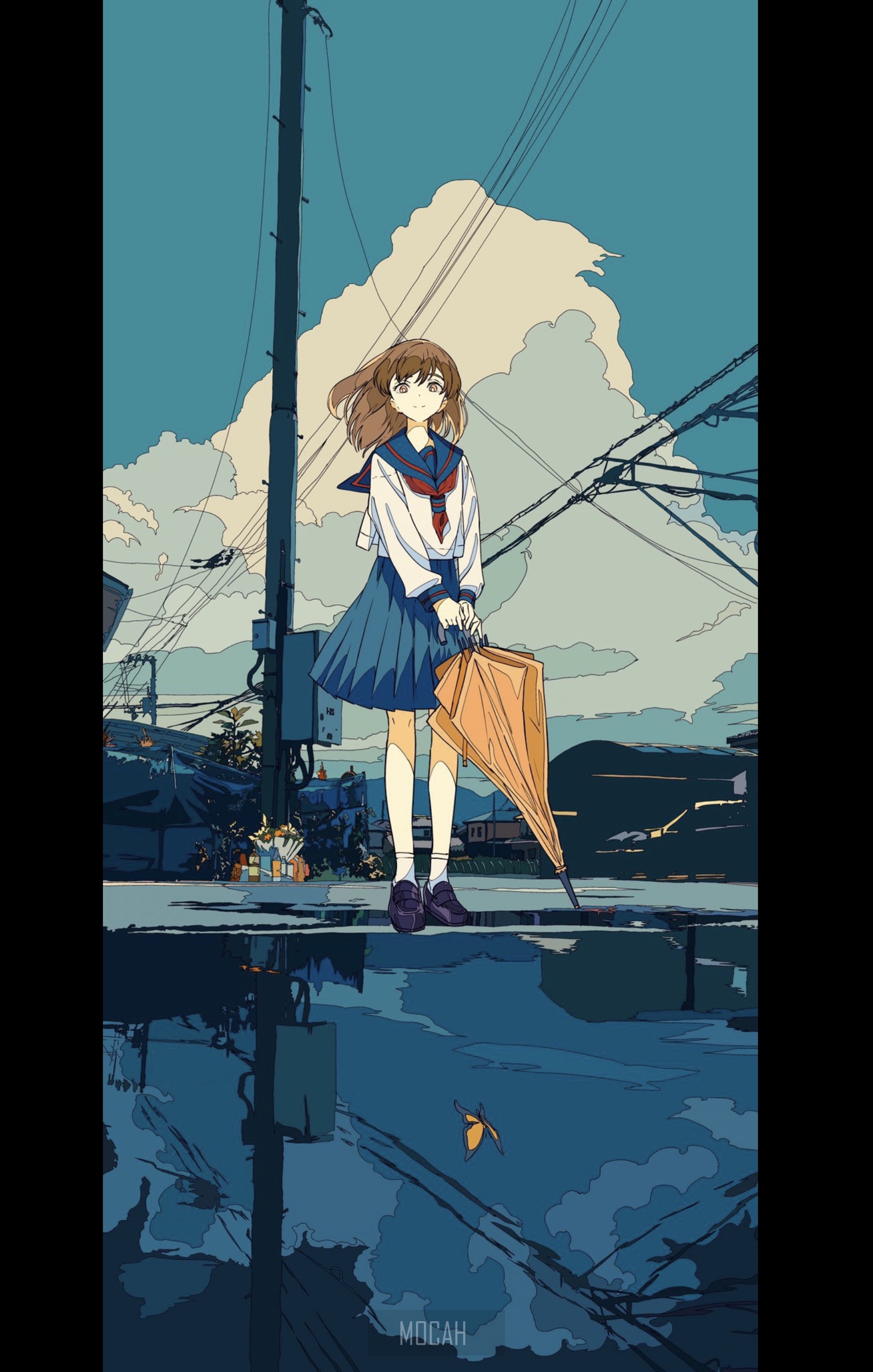 Anime girl with umbrella in a city HD Phone Wallpaper