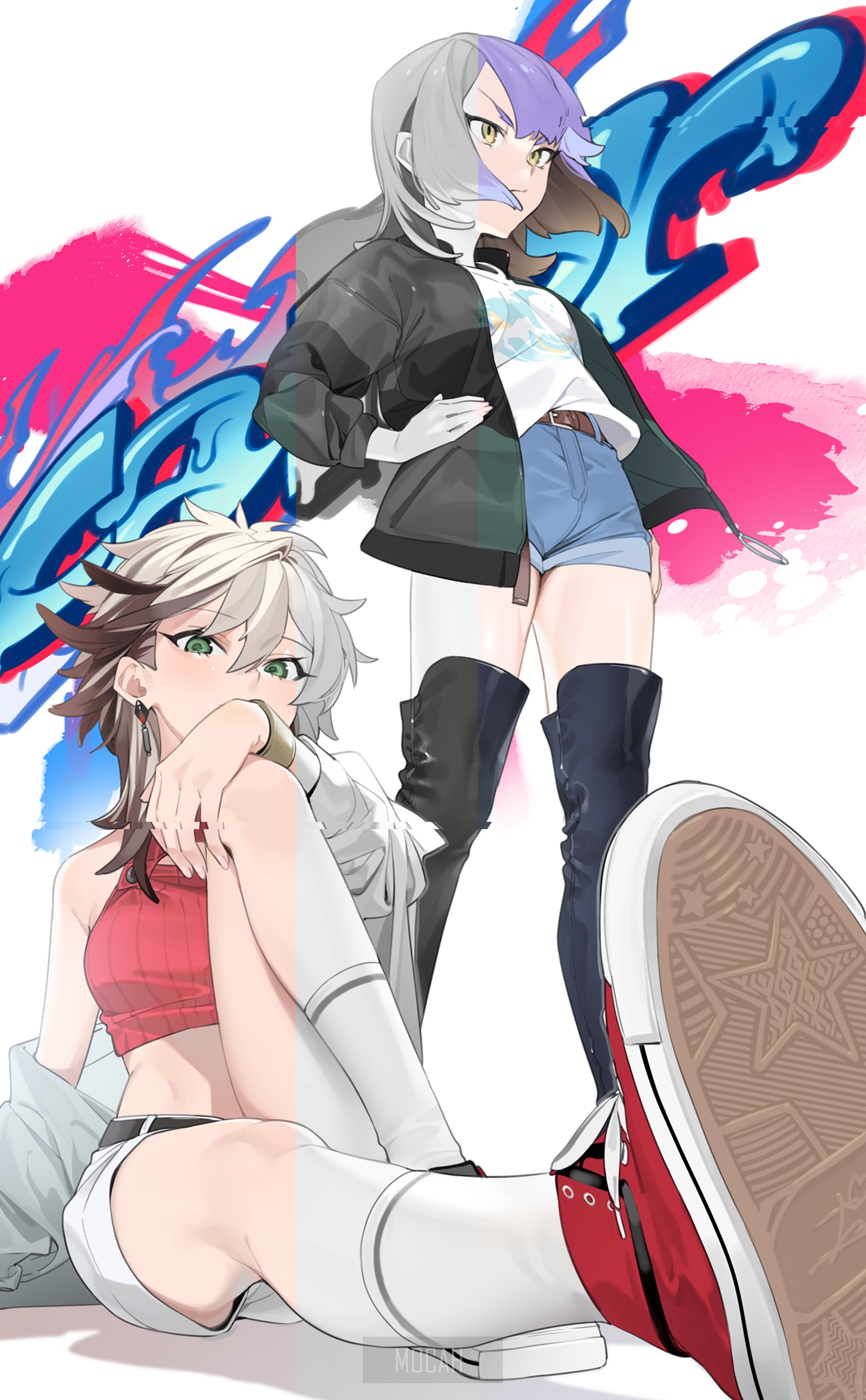 Two anime girls with graffiti background HD Phone Wallpaper