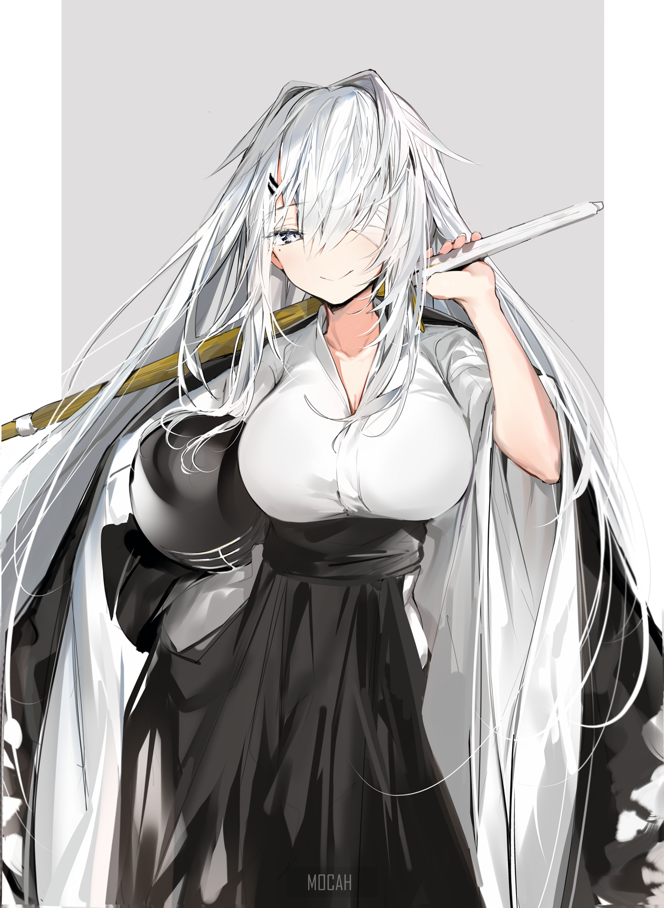 Anime girl with white hair and katana HD Phone Wallpaper