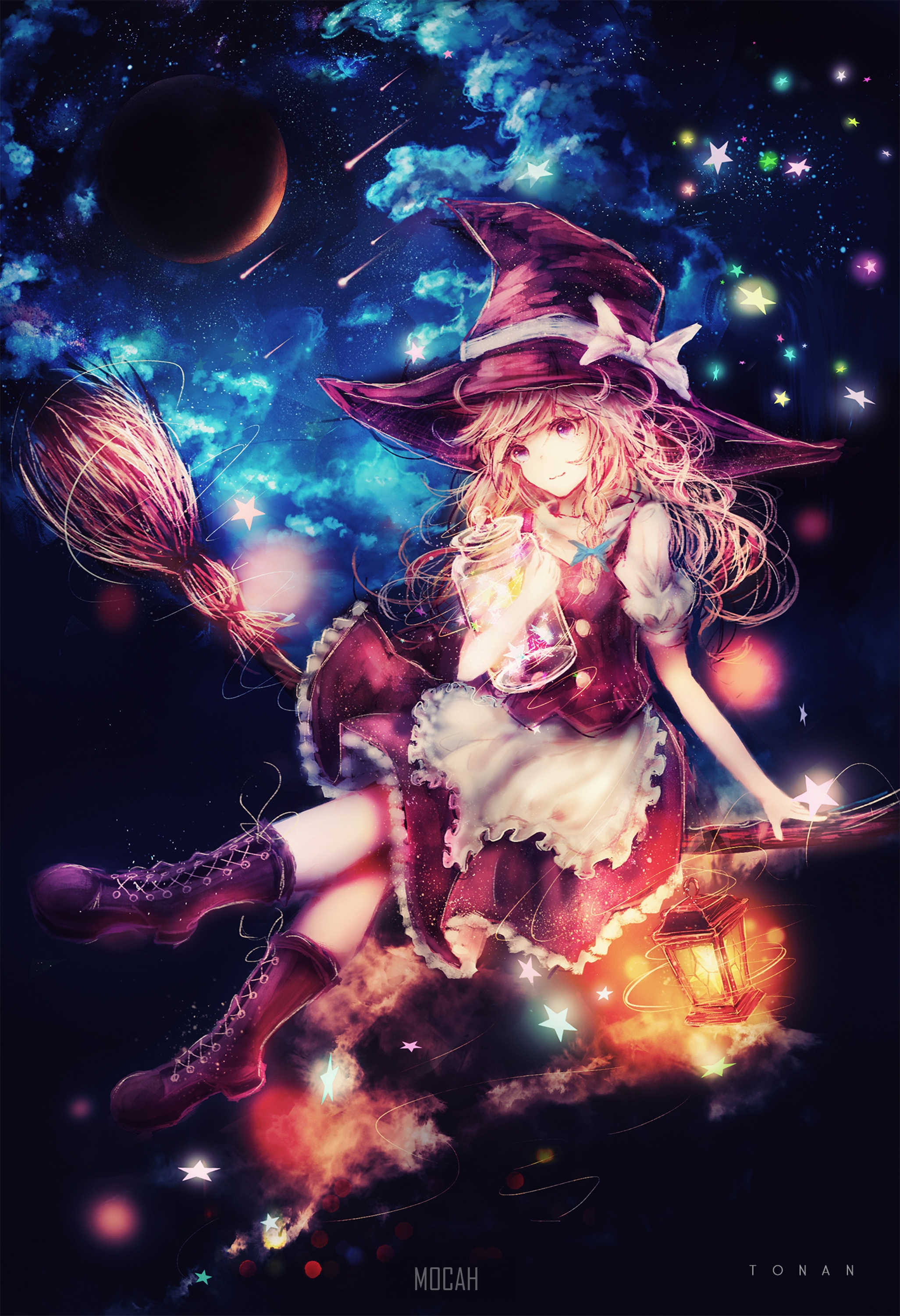 Kirisame Marisa from Touhou flying on a broomstick HD Phone Wallpaper
