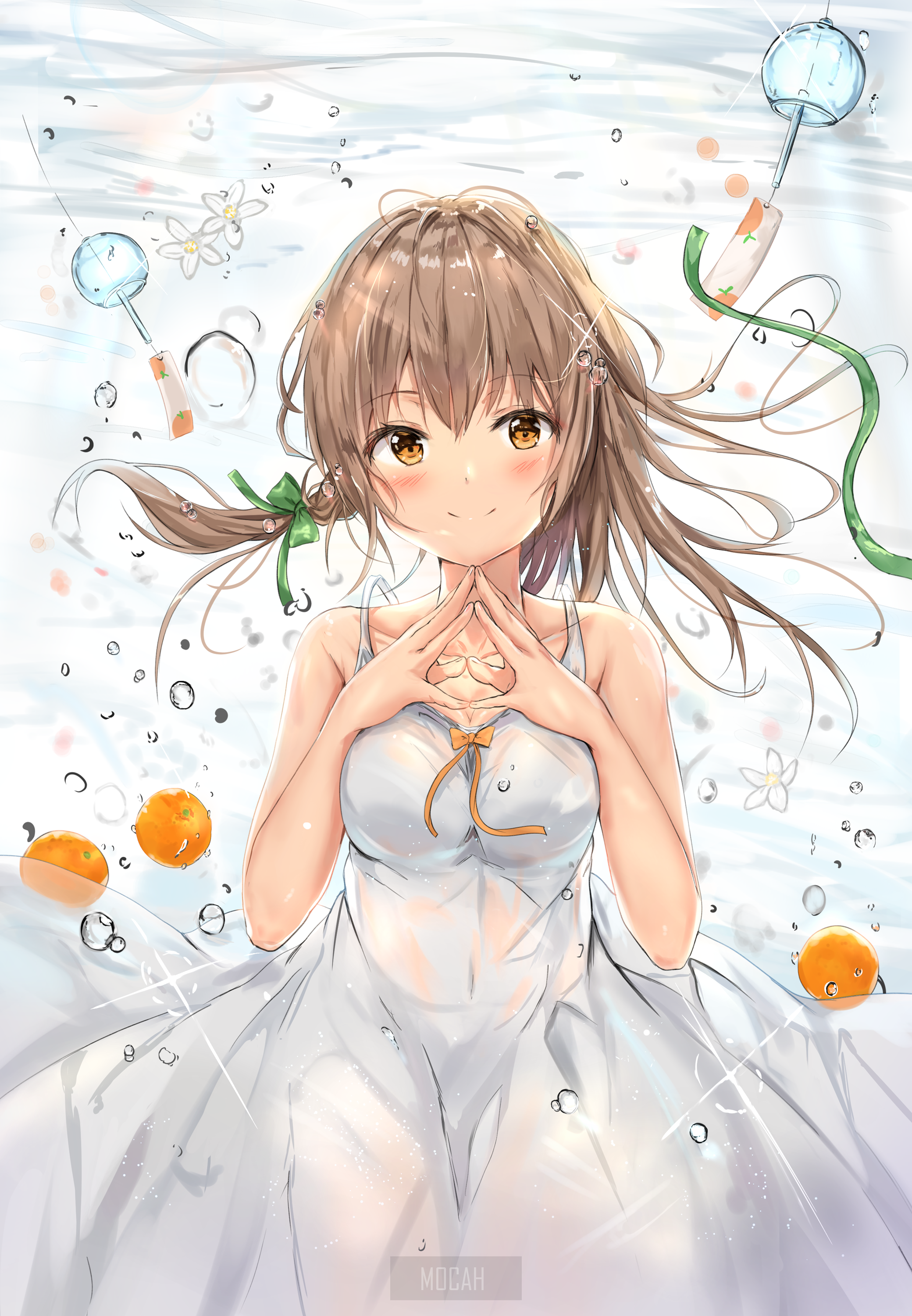 Anime girl in white dress with oranges and wind chimes HD Phone Wallpaper