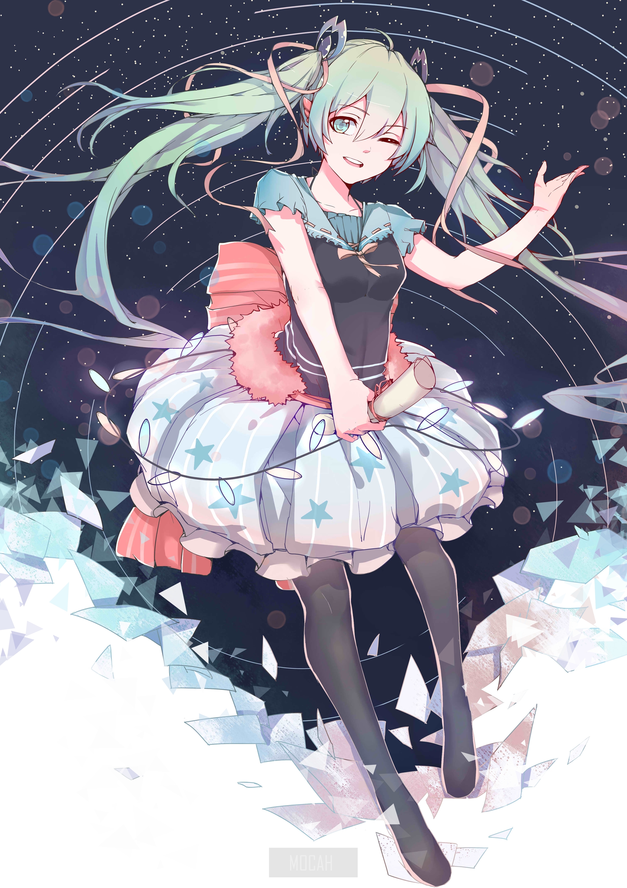 Anime girl with mint green hair and starry dress HD Phone Wallpaper