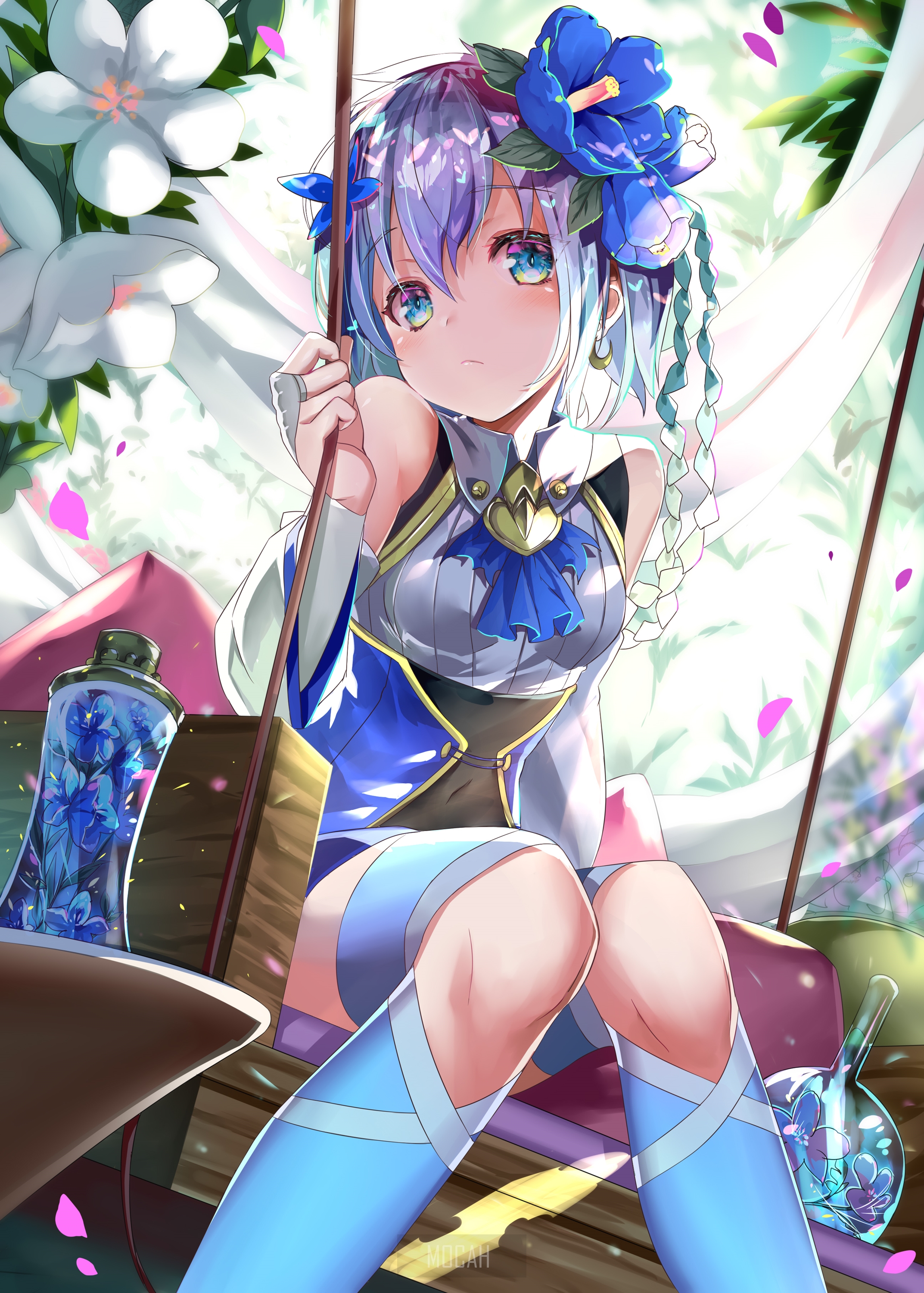 Anime girl with blue flowers in hair on a swing HD Phone Wallpaper