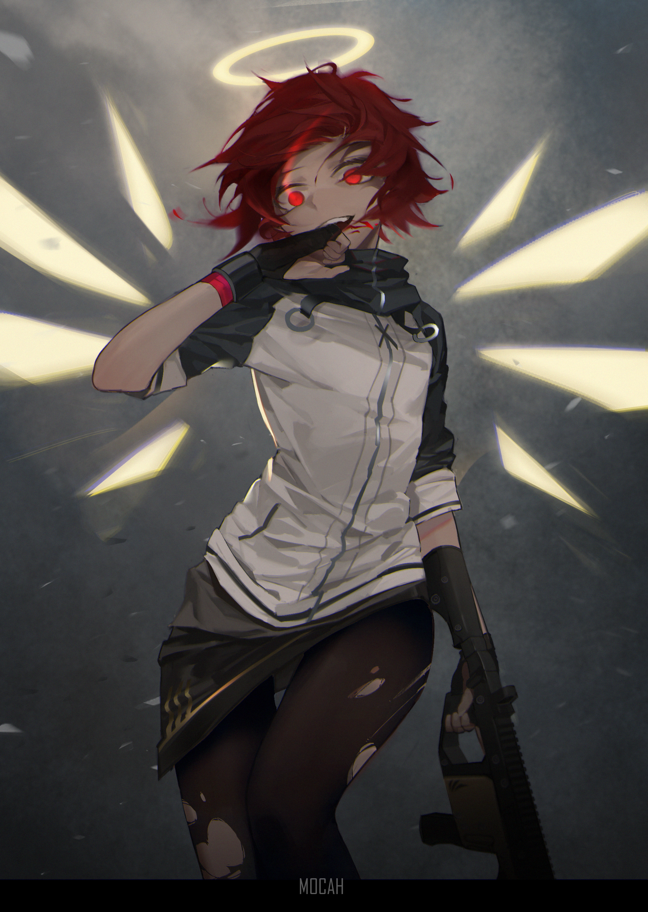 Exusiai from Arknights with wings and gun HD Phone Wallpaper