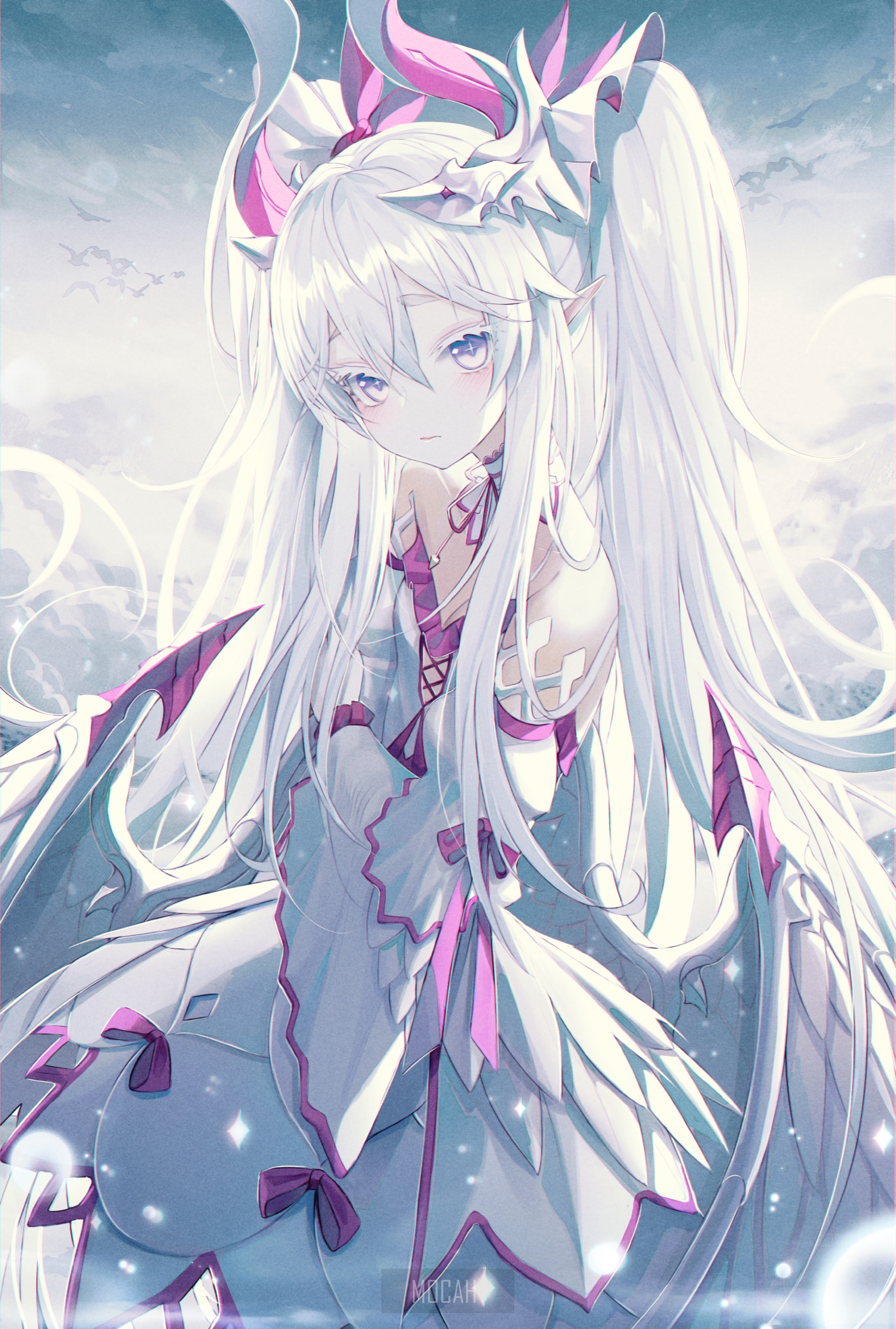 Anime girl with white hair and pink accents HD Phone Wallpaper