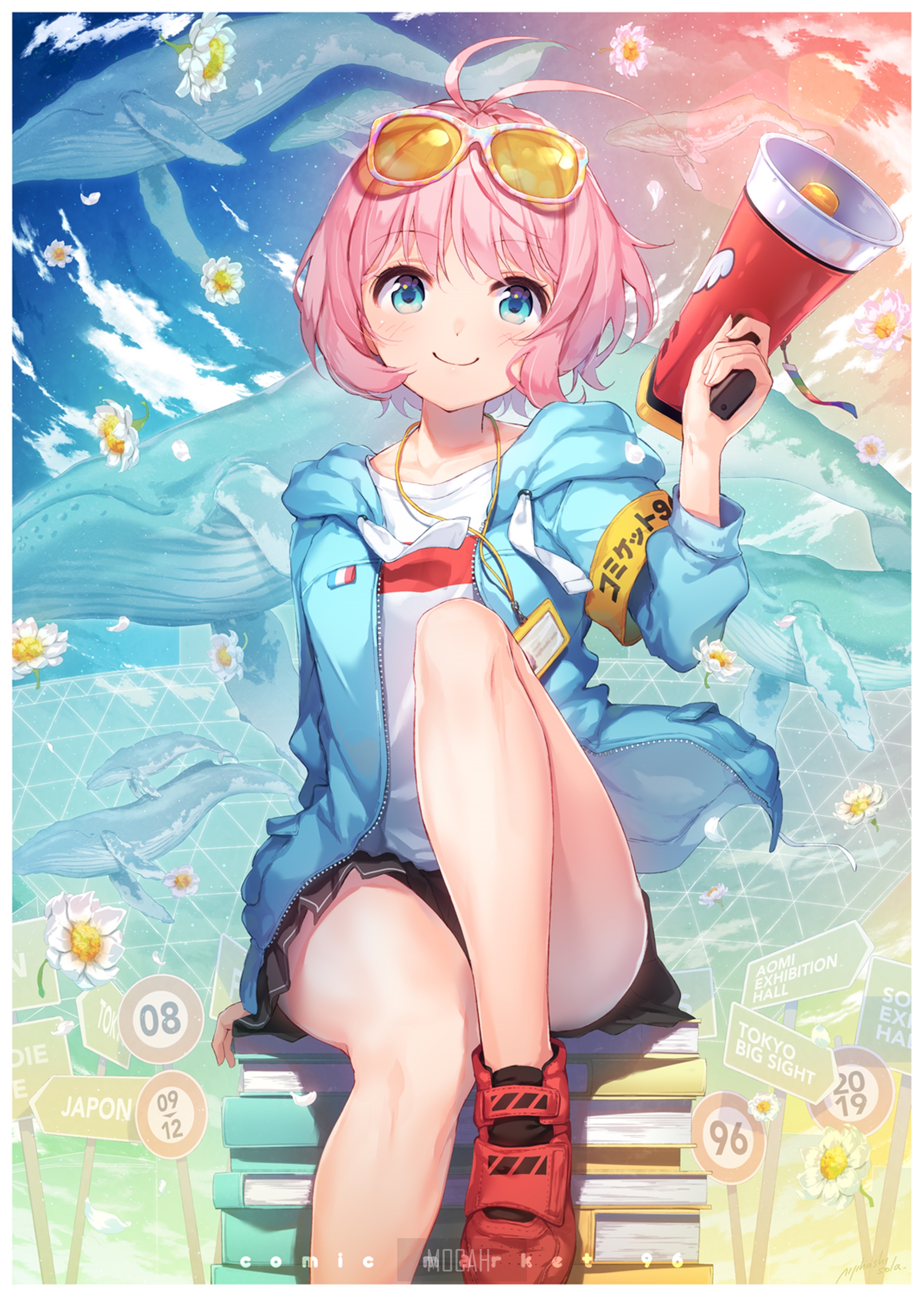 Anime girl with pink hair holding a megaphone HD Phone Wallpaper