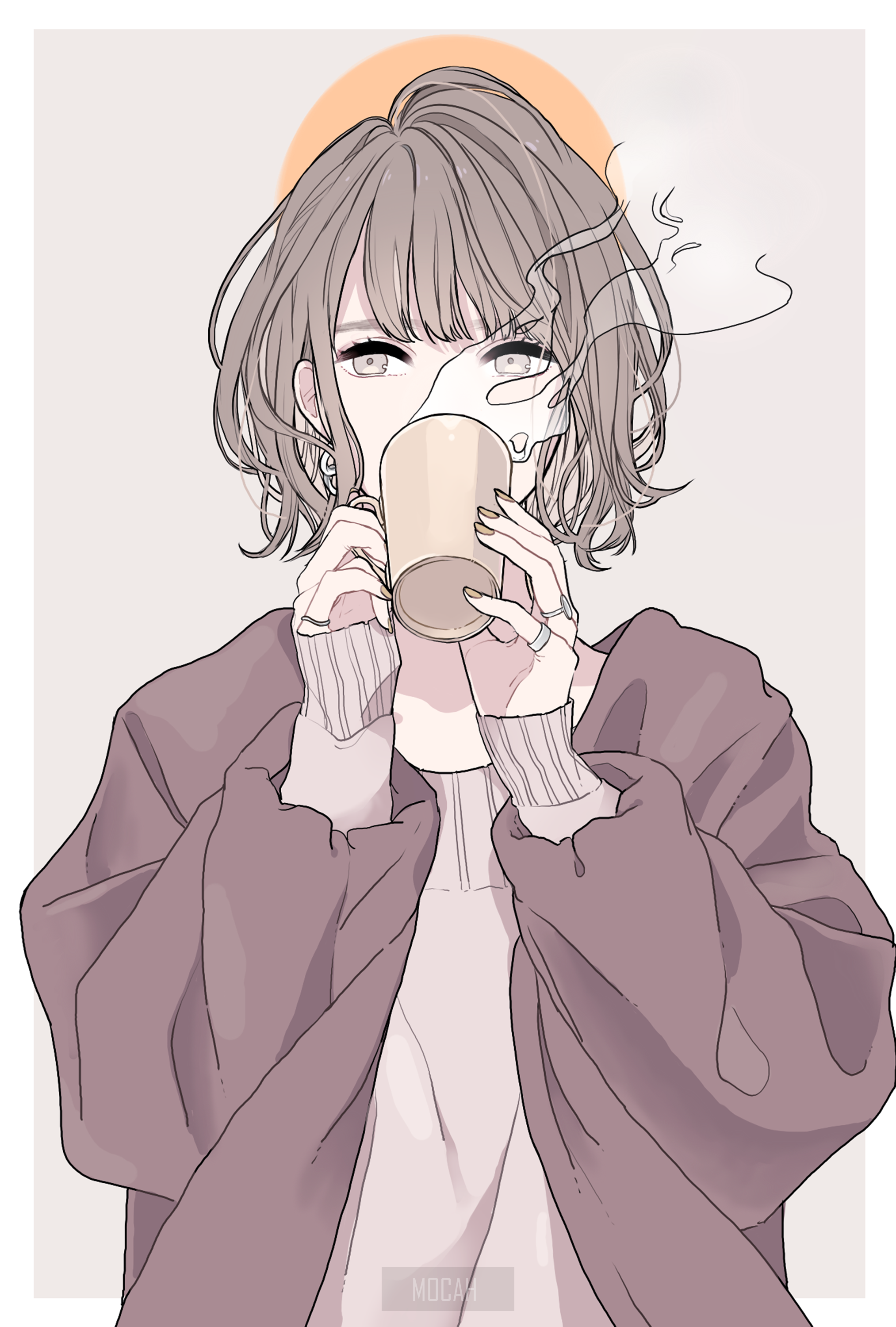 Anime Girl Drinking Hot Beverage in Cozy Attire HD Phone Wallpaper