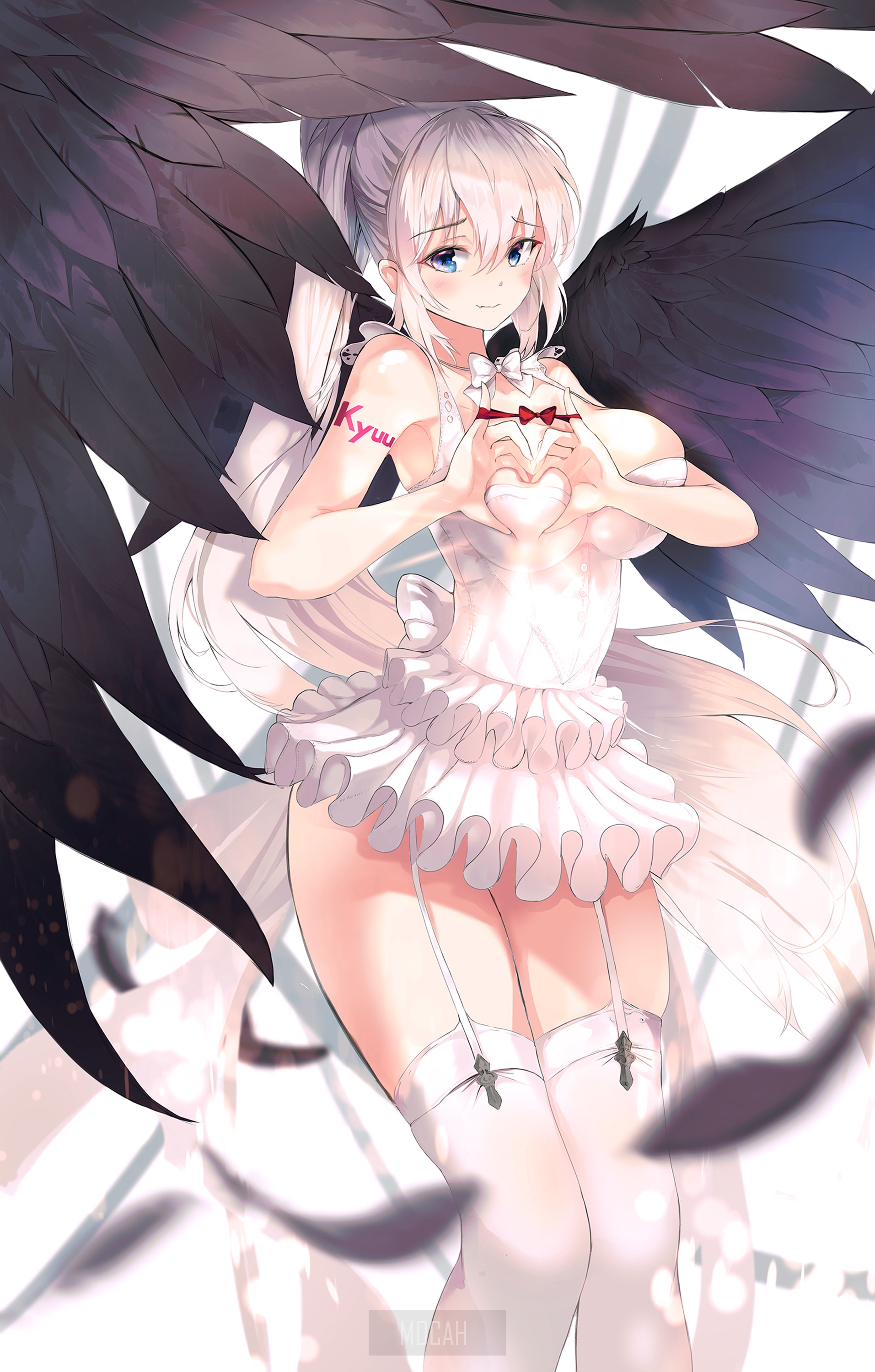 Anime girl with black wings making heart shape HD Phone Wallpaper