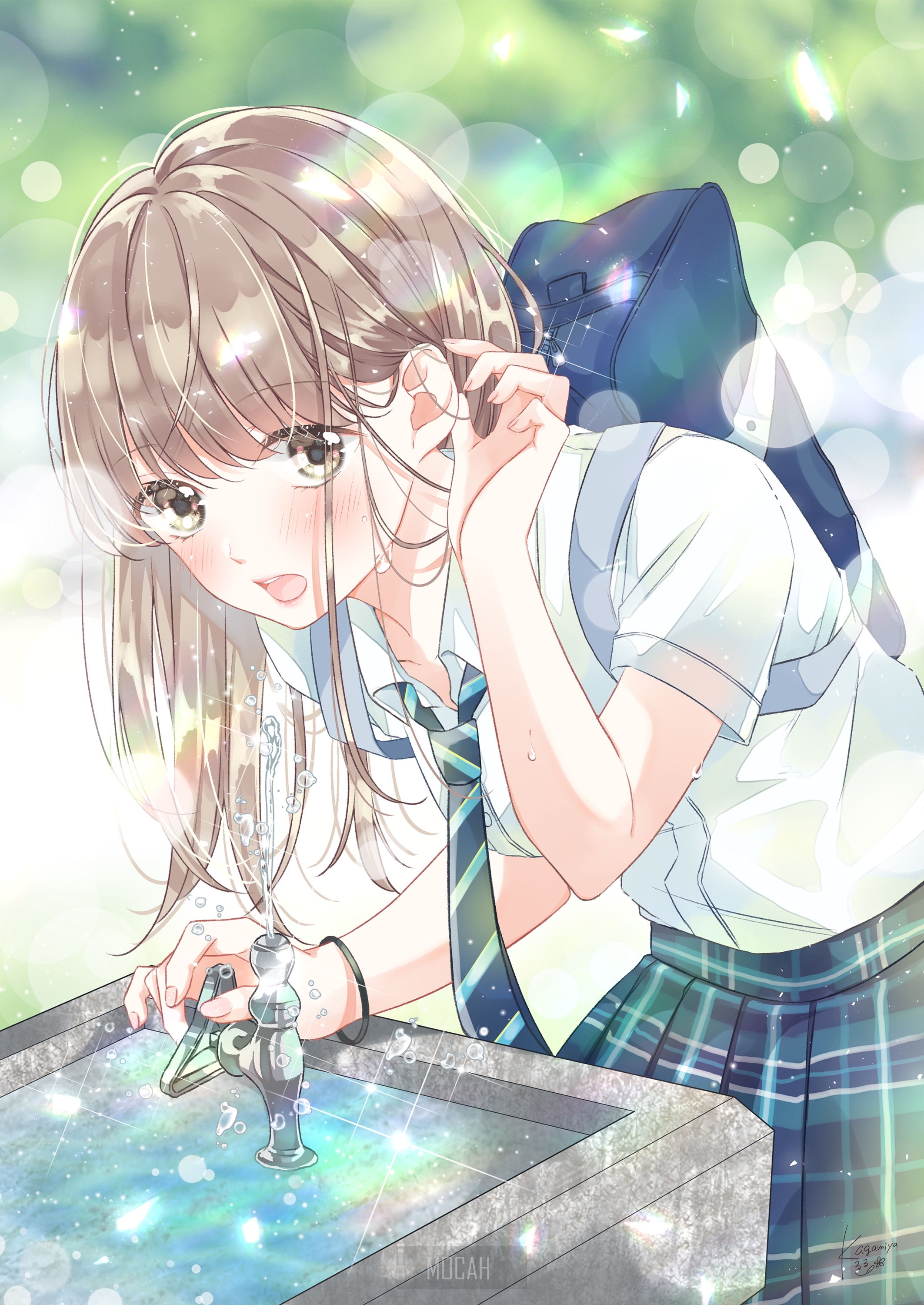 Anime girl in school uniform at a water fountain HD Phone Wallpaper
