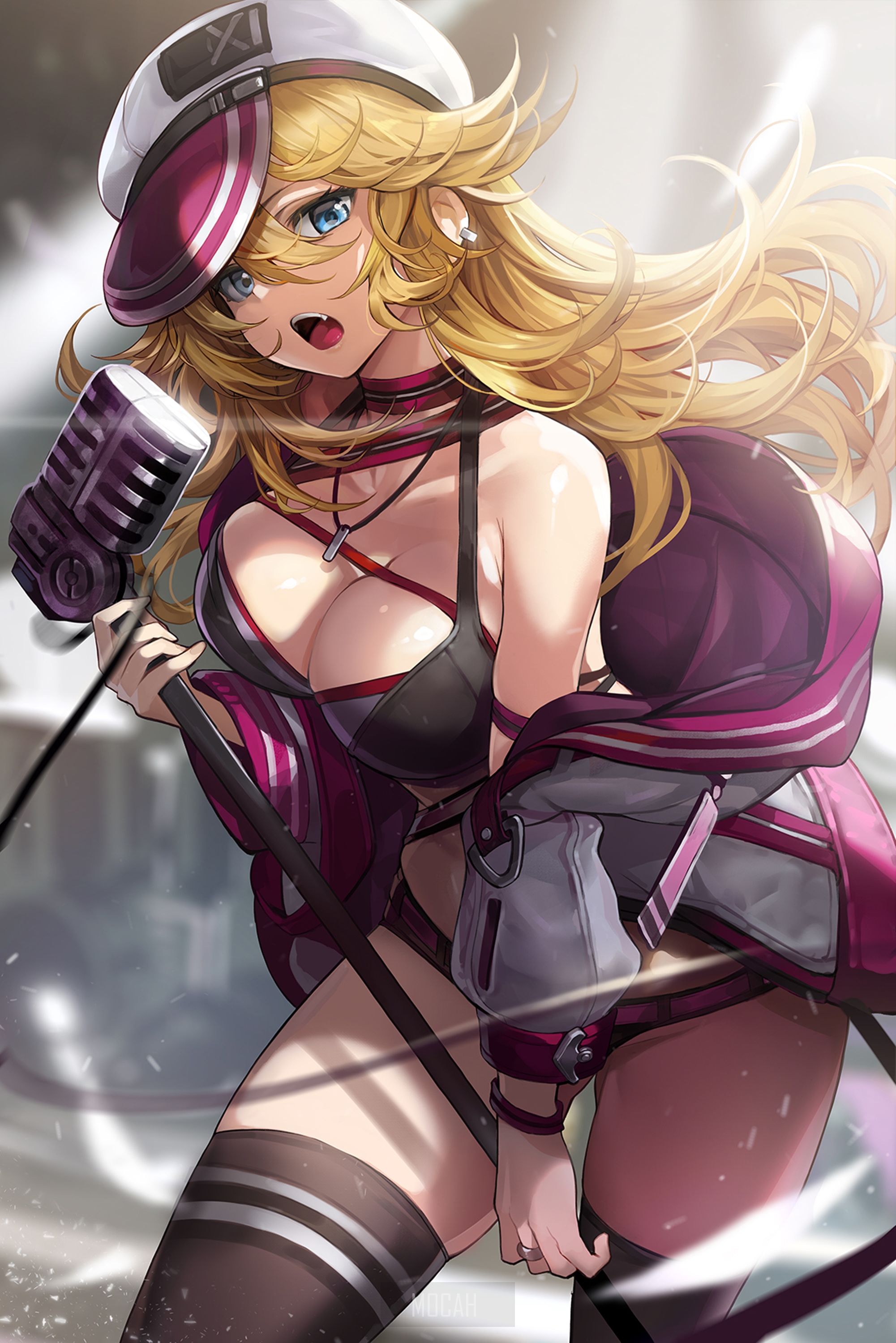 Anime girl with blonde hair singing into a microphone HD Phone Wallpaper