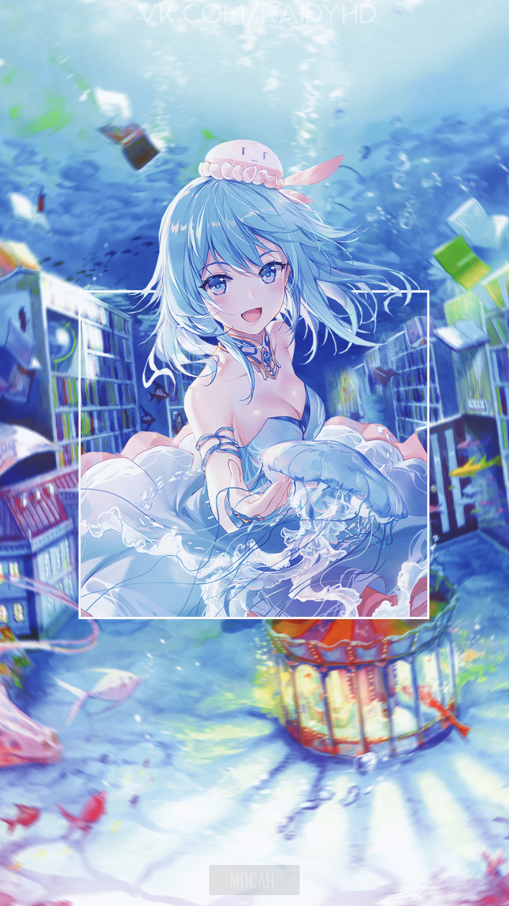 Anime girl with blue hair in a dress underwater HD Phone Wallpaper