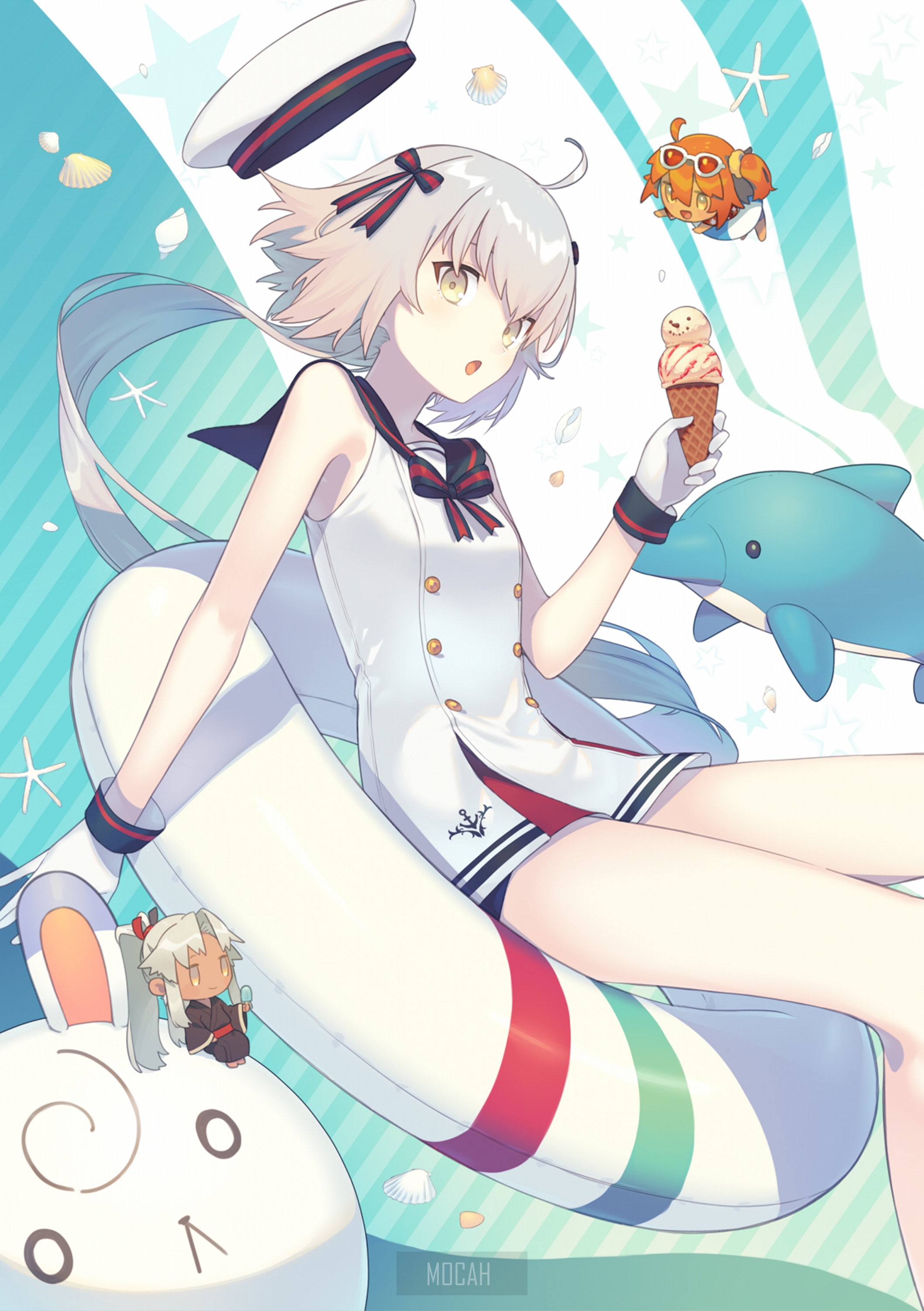 Anime girl in sailor outfit with ice cream and dolphin HD Phone Wallpaper