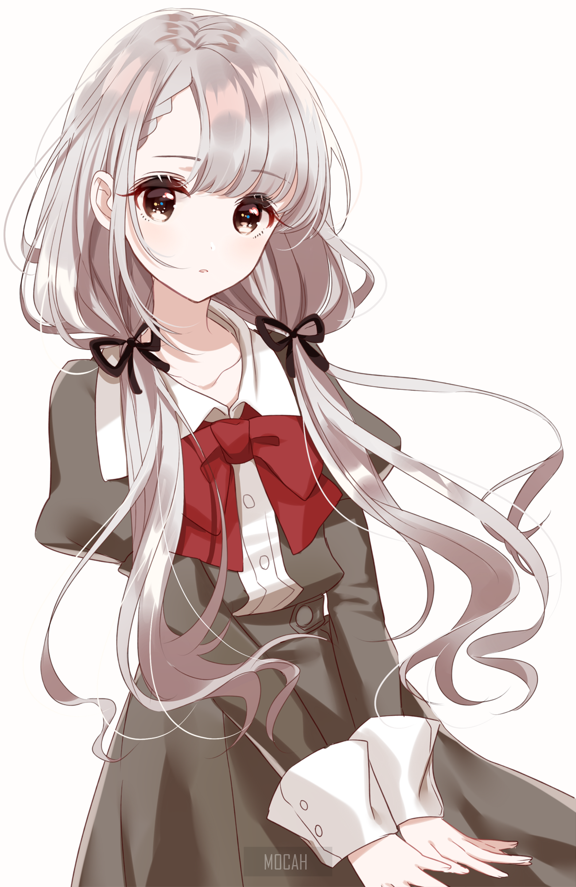 Anime girl with long silver hair and red bow HD Phone Wallpaper