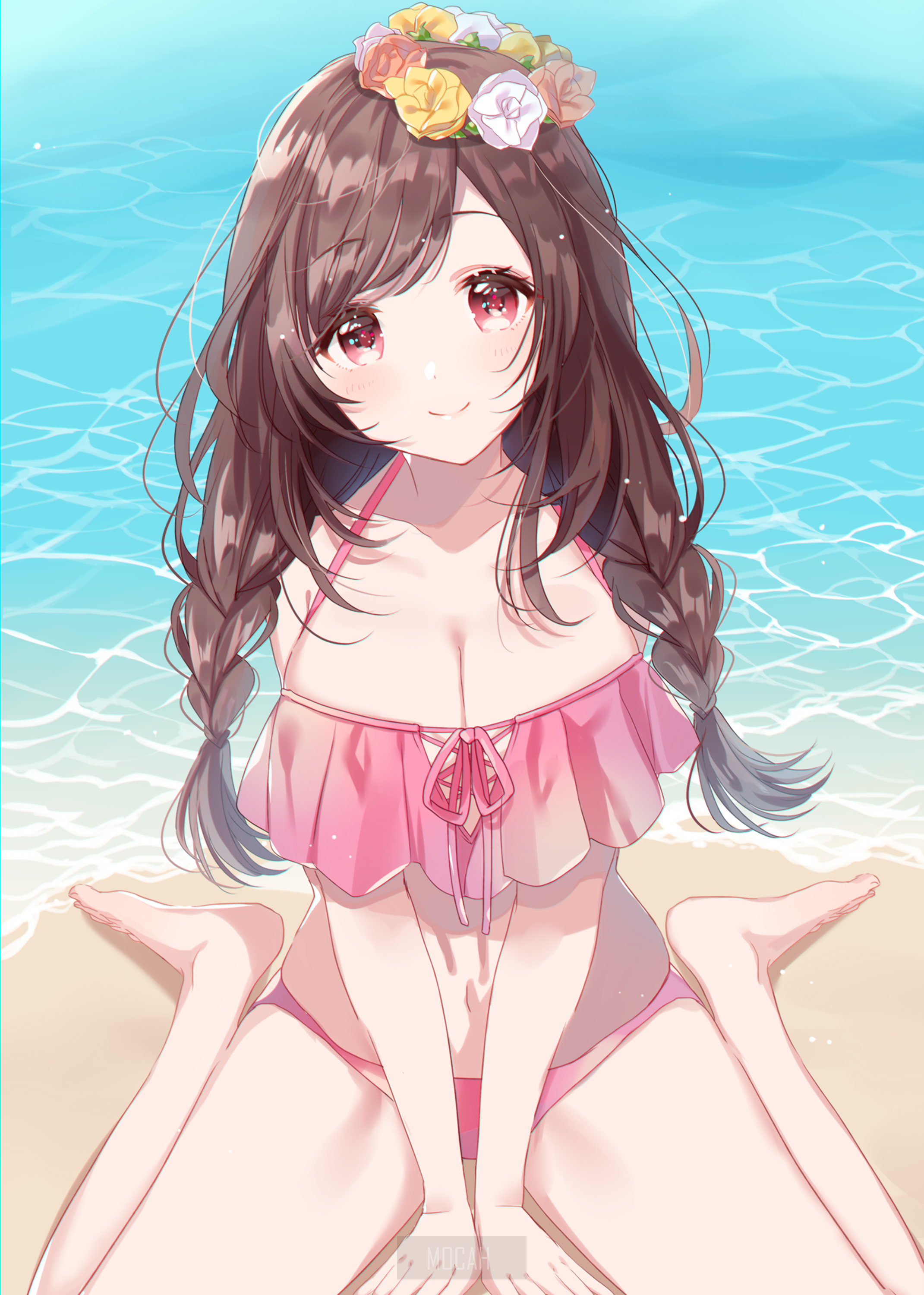 Anime girl in pink bikini at the beach HD Phone Wallpaper
