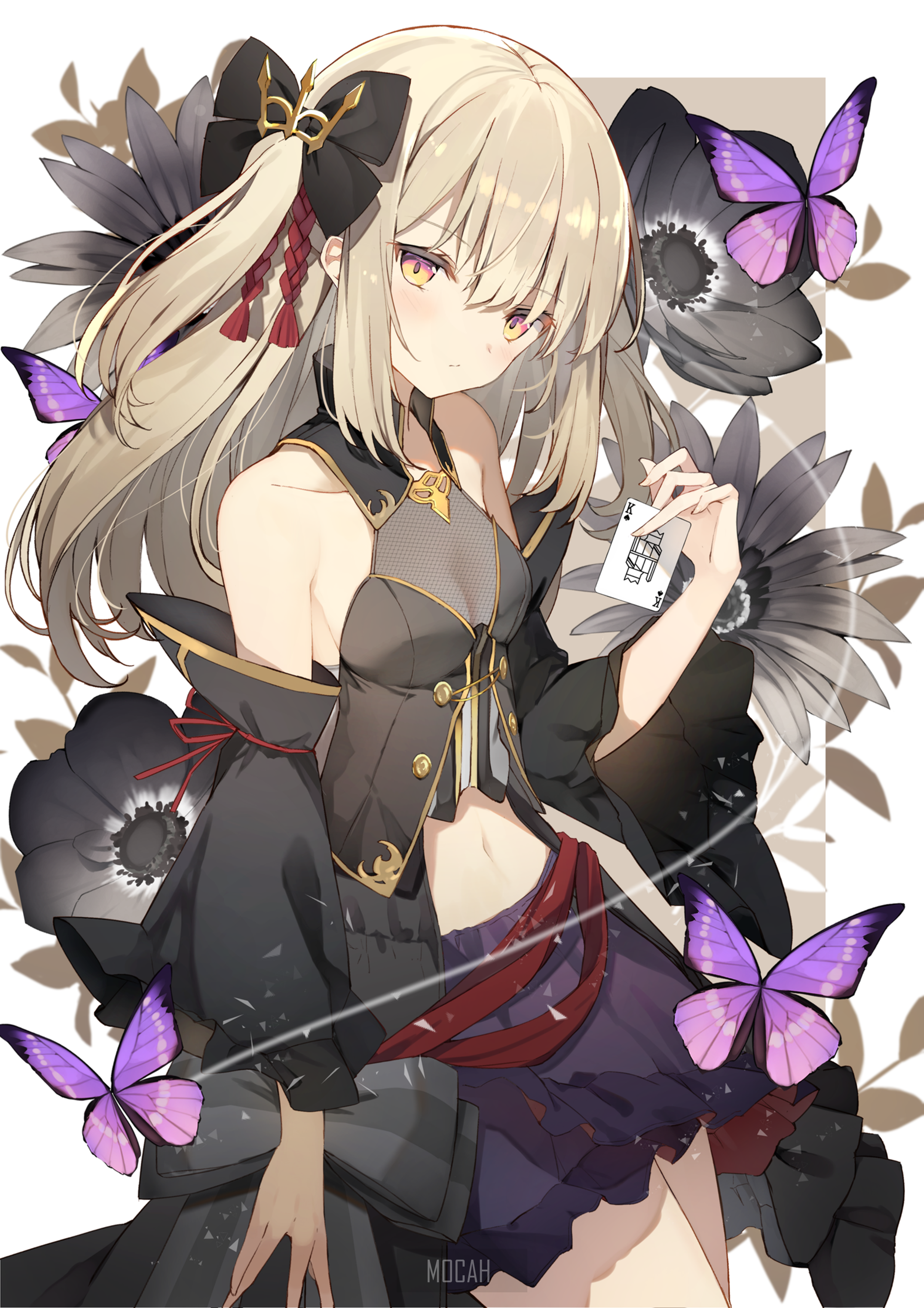Anime girl with blonde hair holding a playing card HD Phone Wallpaper