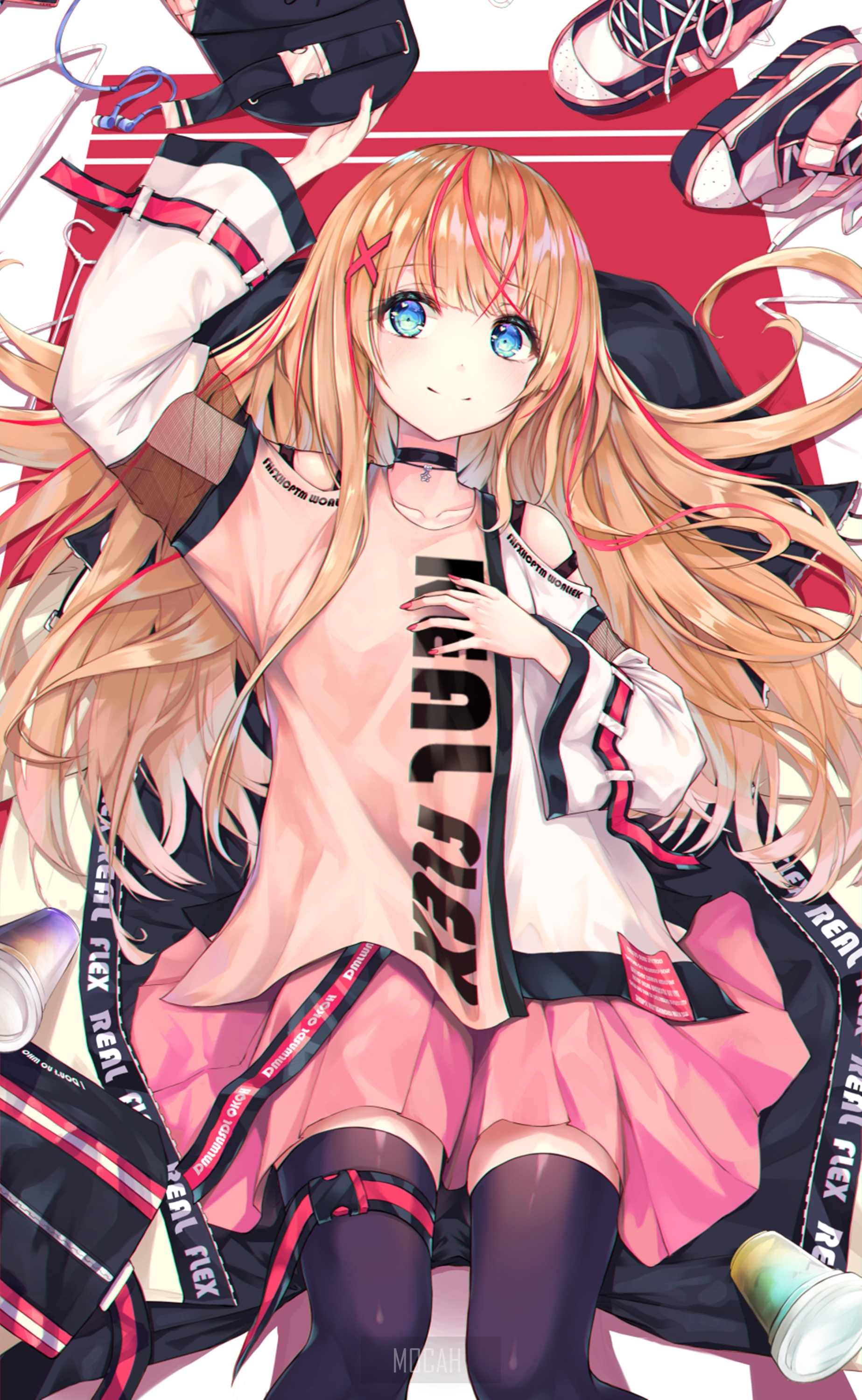Anime girl with blonde hair and blue eyes wearing pink skirt HD Phone Wallpaper