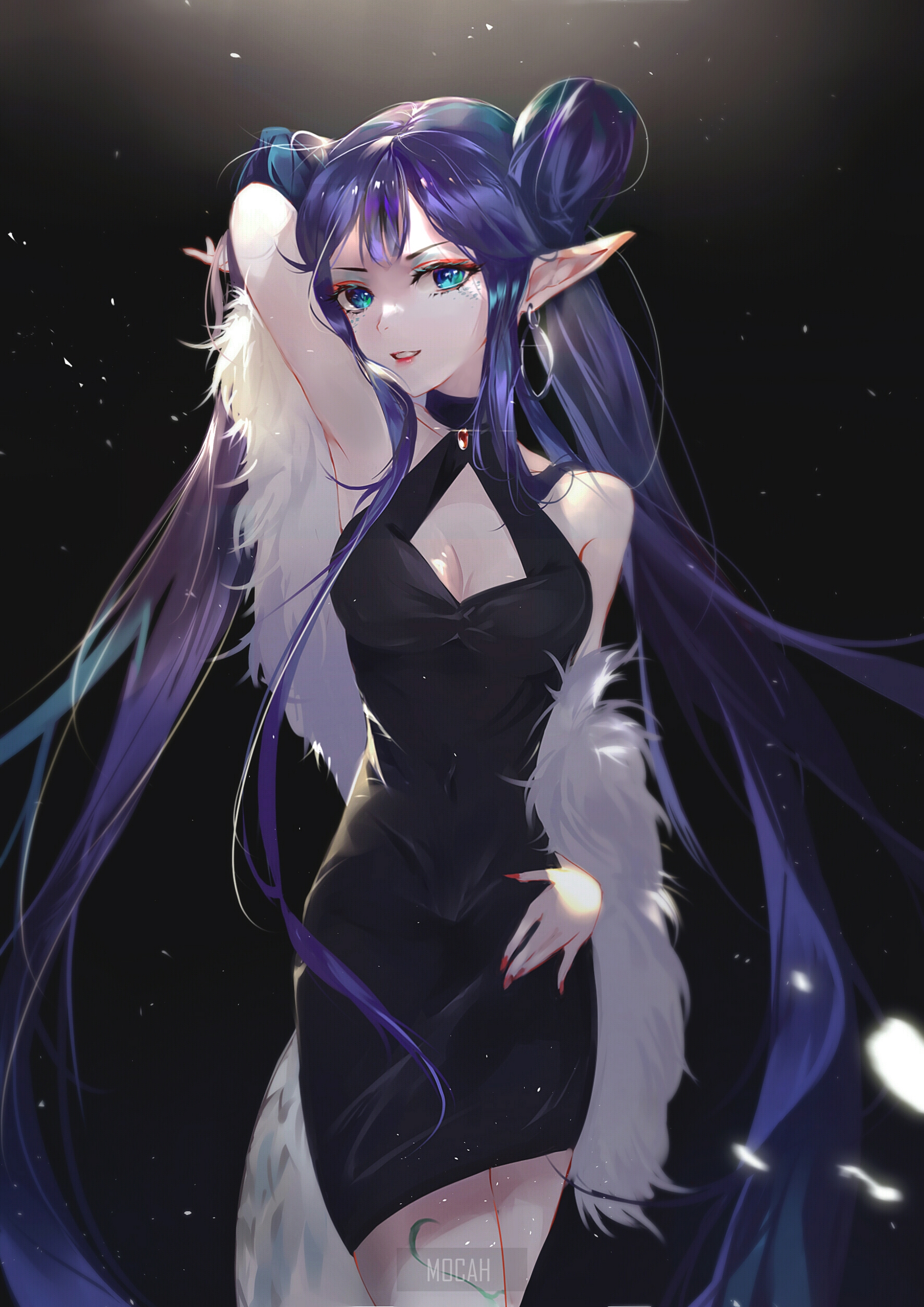 Anime elf girl in black dress with white fur HD Phone Wallpaper