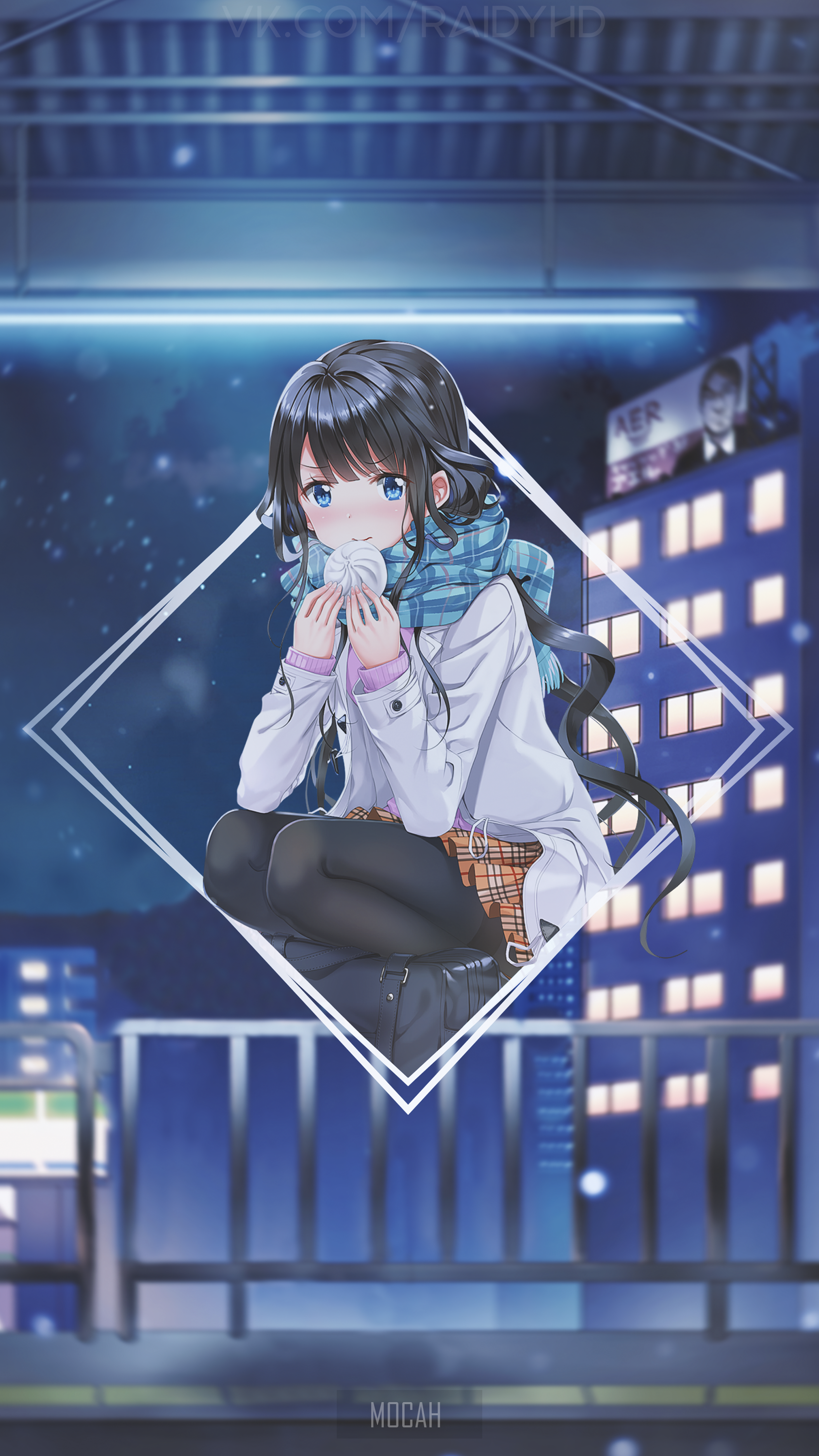 Anime girl with scarf holding snowball HD Phone Wallpaper