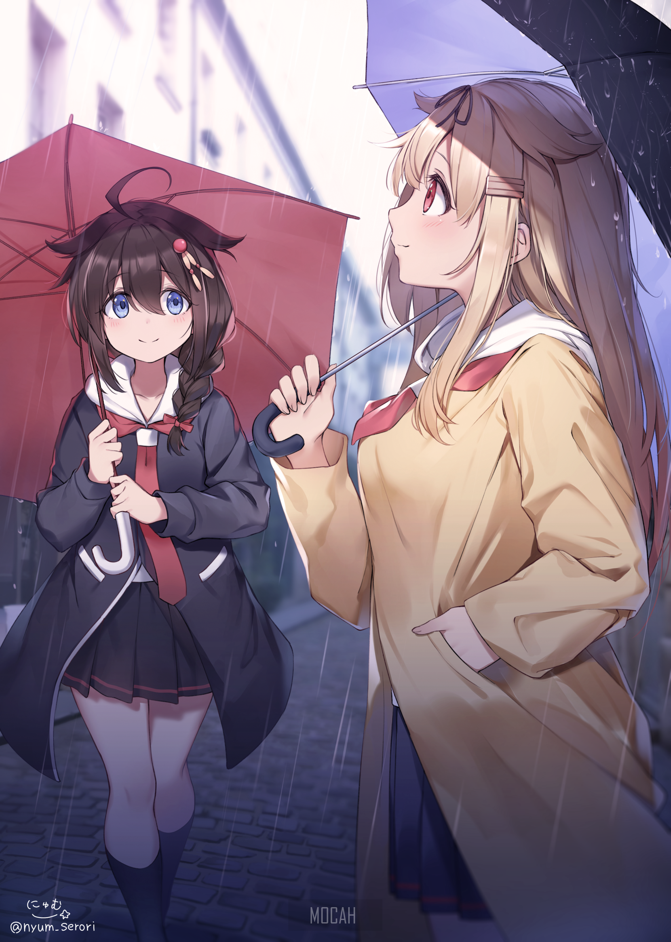 Two anime girls with umbrellas in the rain HD Phone Wallpaper