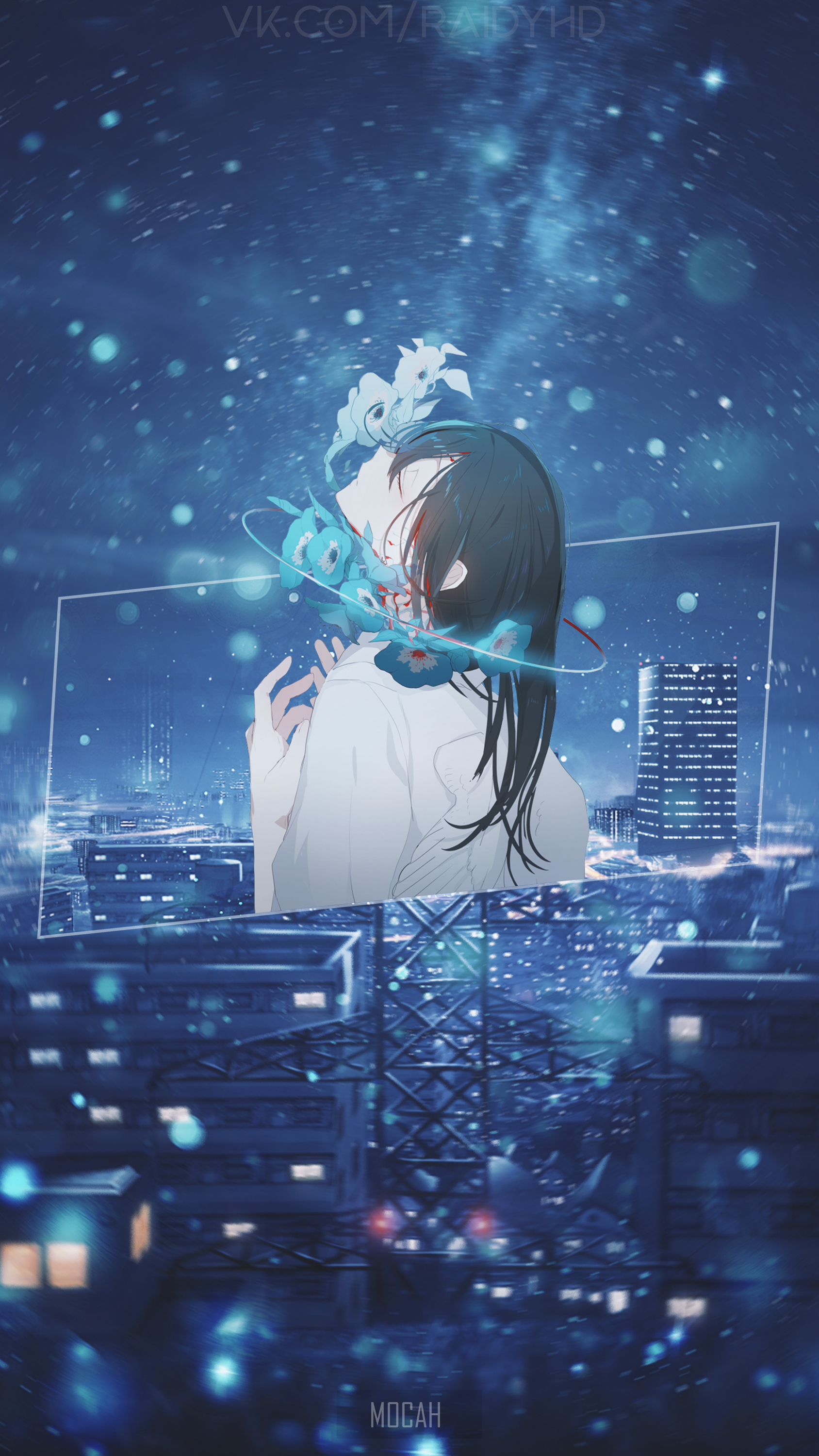 Anime girl with blue creature over city at night HD Phone Wallpaper