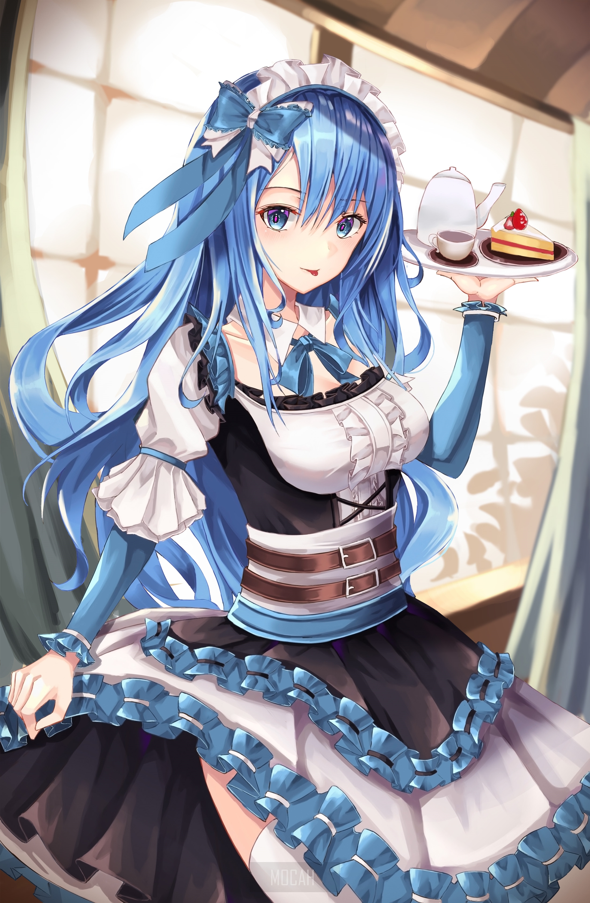 Anime maid girl with blue hair serving cake HD Phone Wallpaper