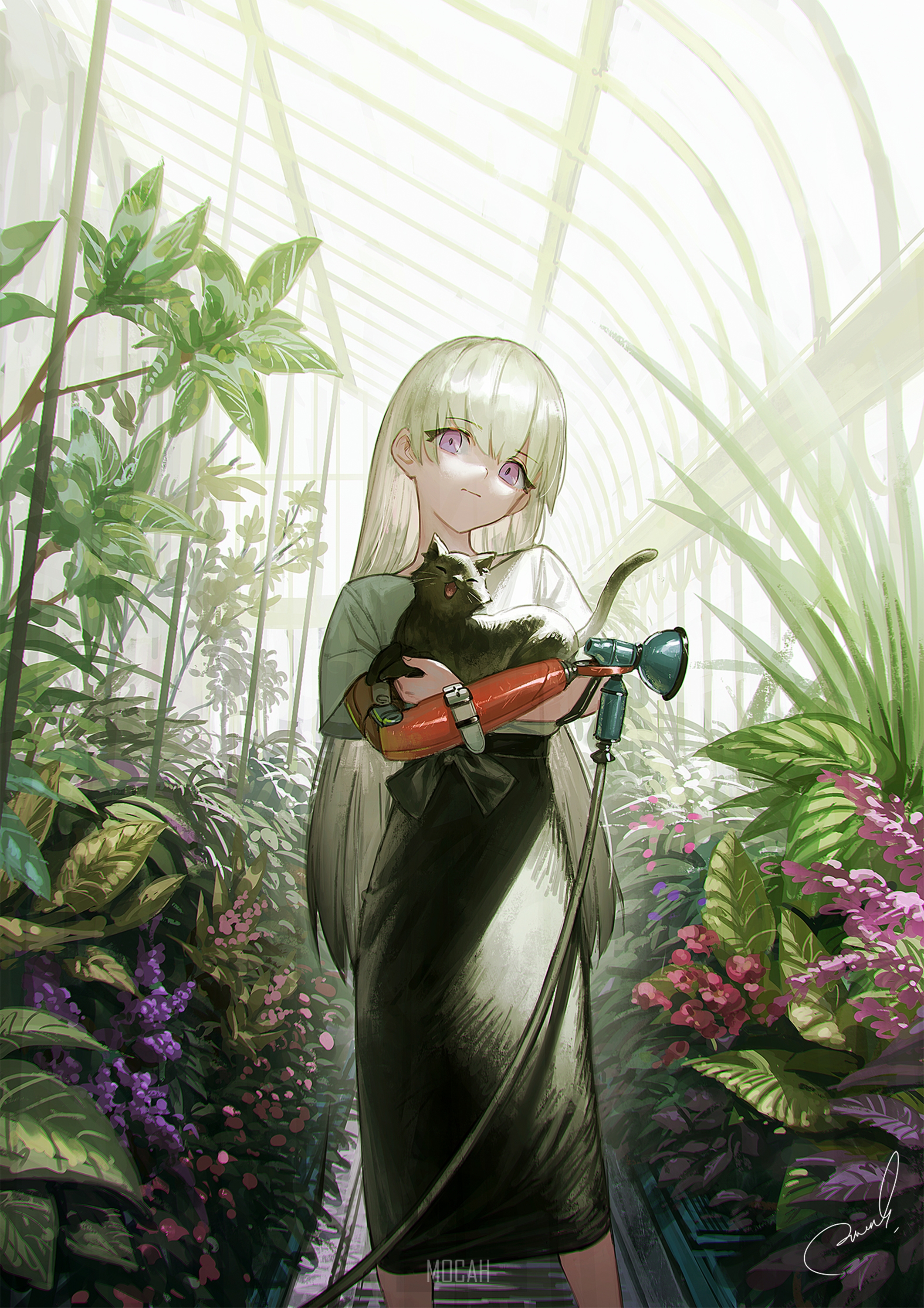 Anime girl holding a cat in a greenhouse HD Phone Wallpaper