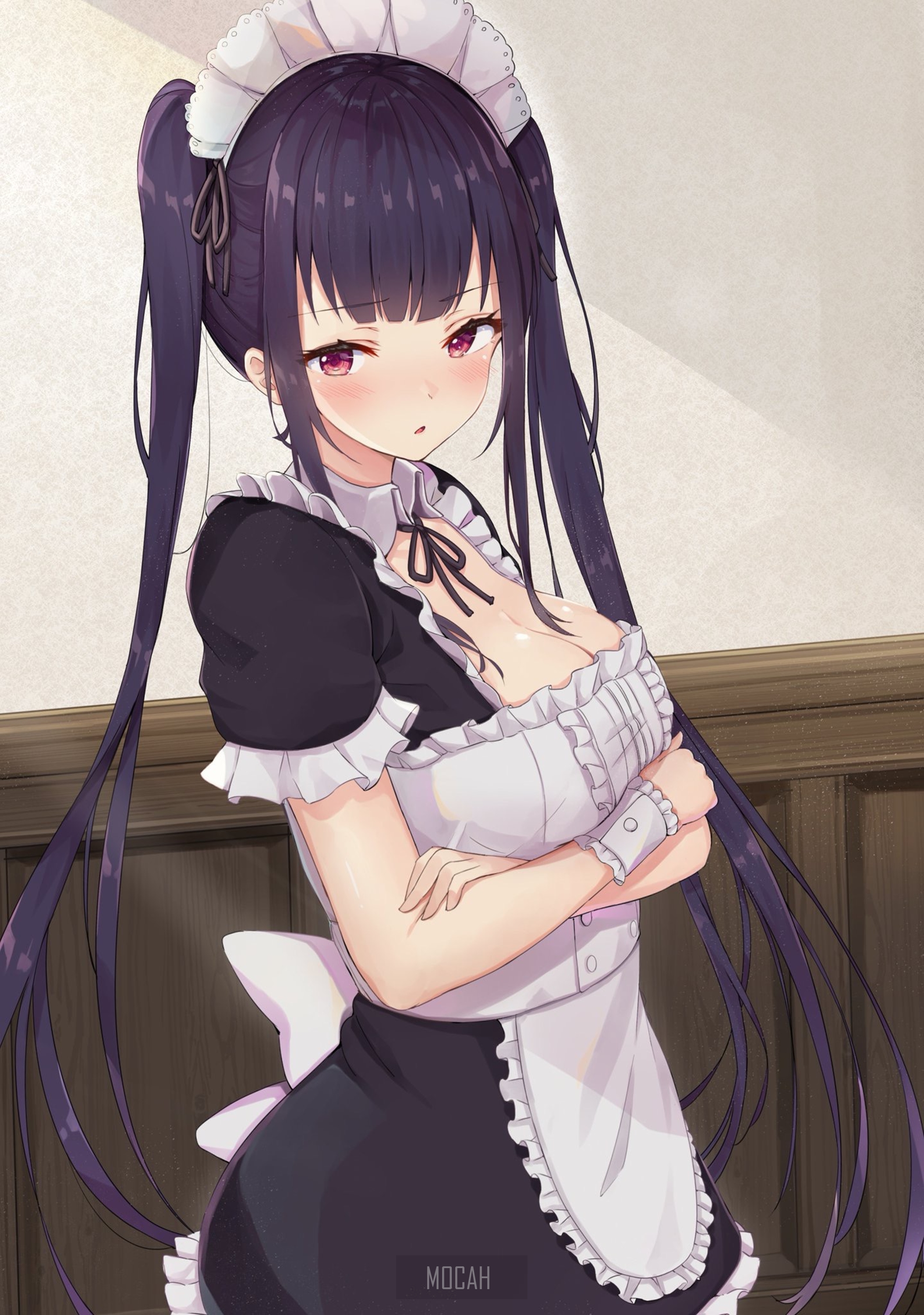 Anime girl in maid outfit with purple twin tails HD Phone Wallpaper