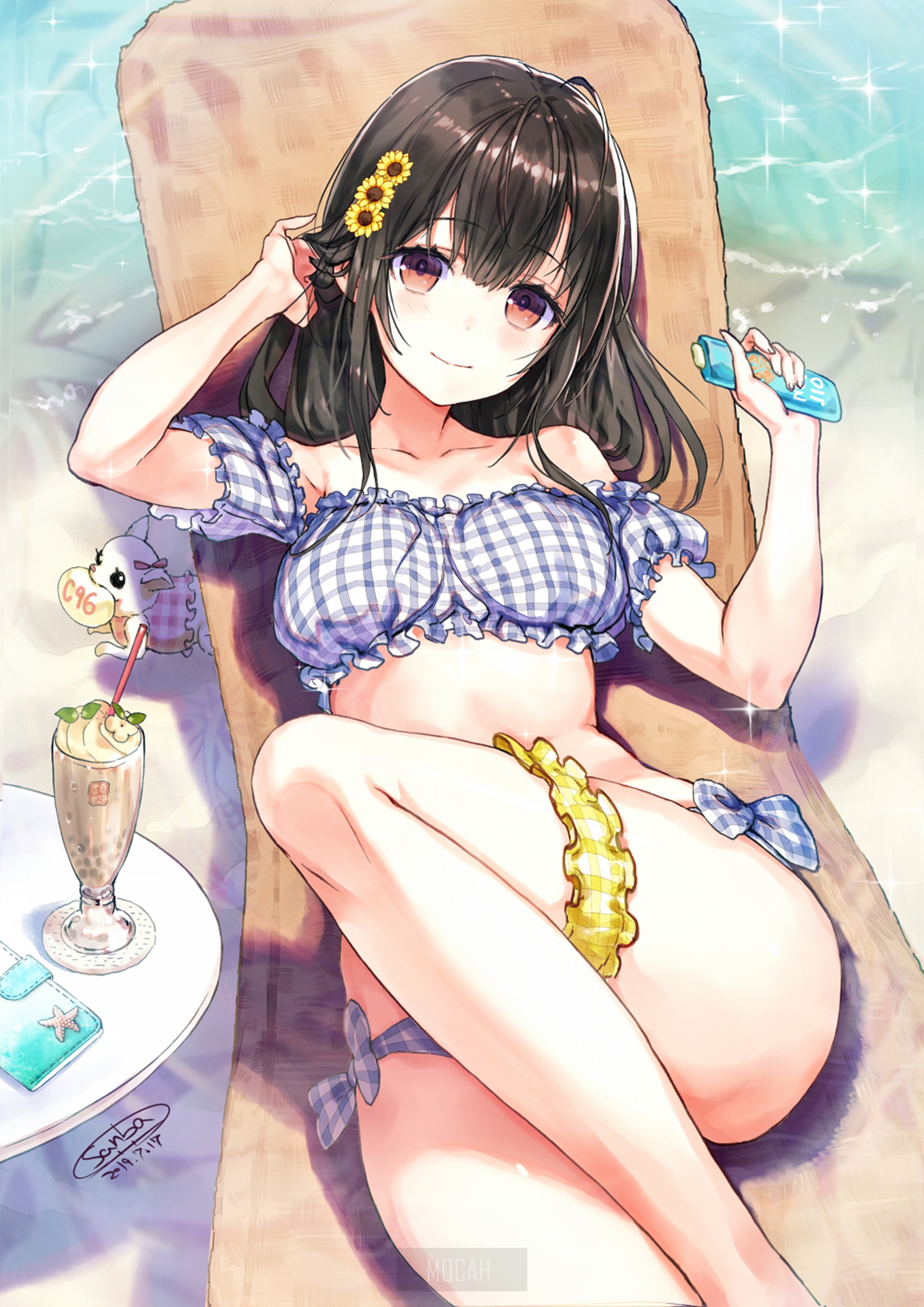 Anime girl in bikini on beach with drink HD Phone Wallpaper