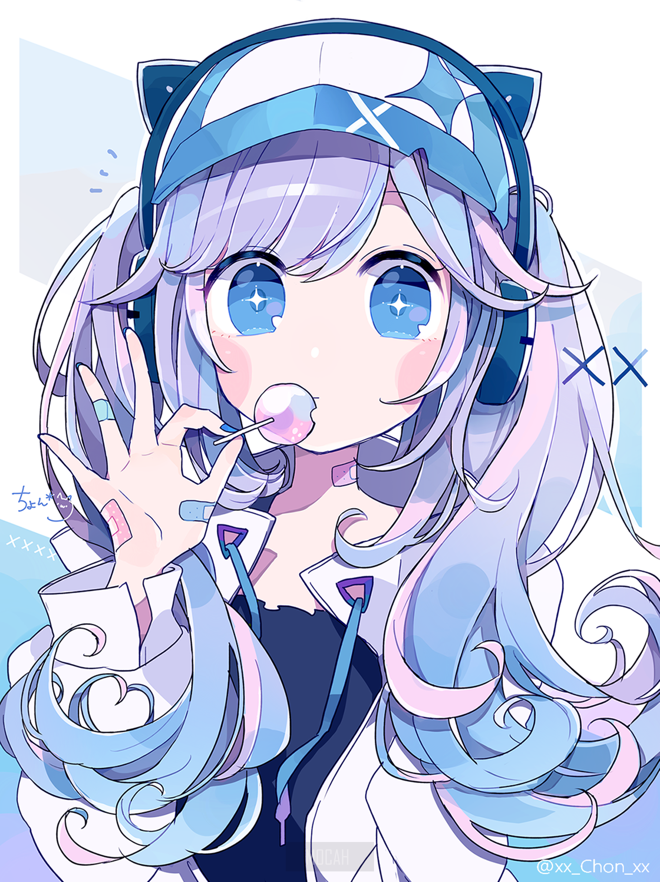 Anime girl with blue hair and headphones eating lollipop HD Phone Wallpaper