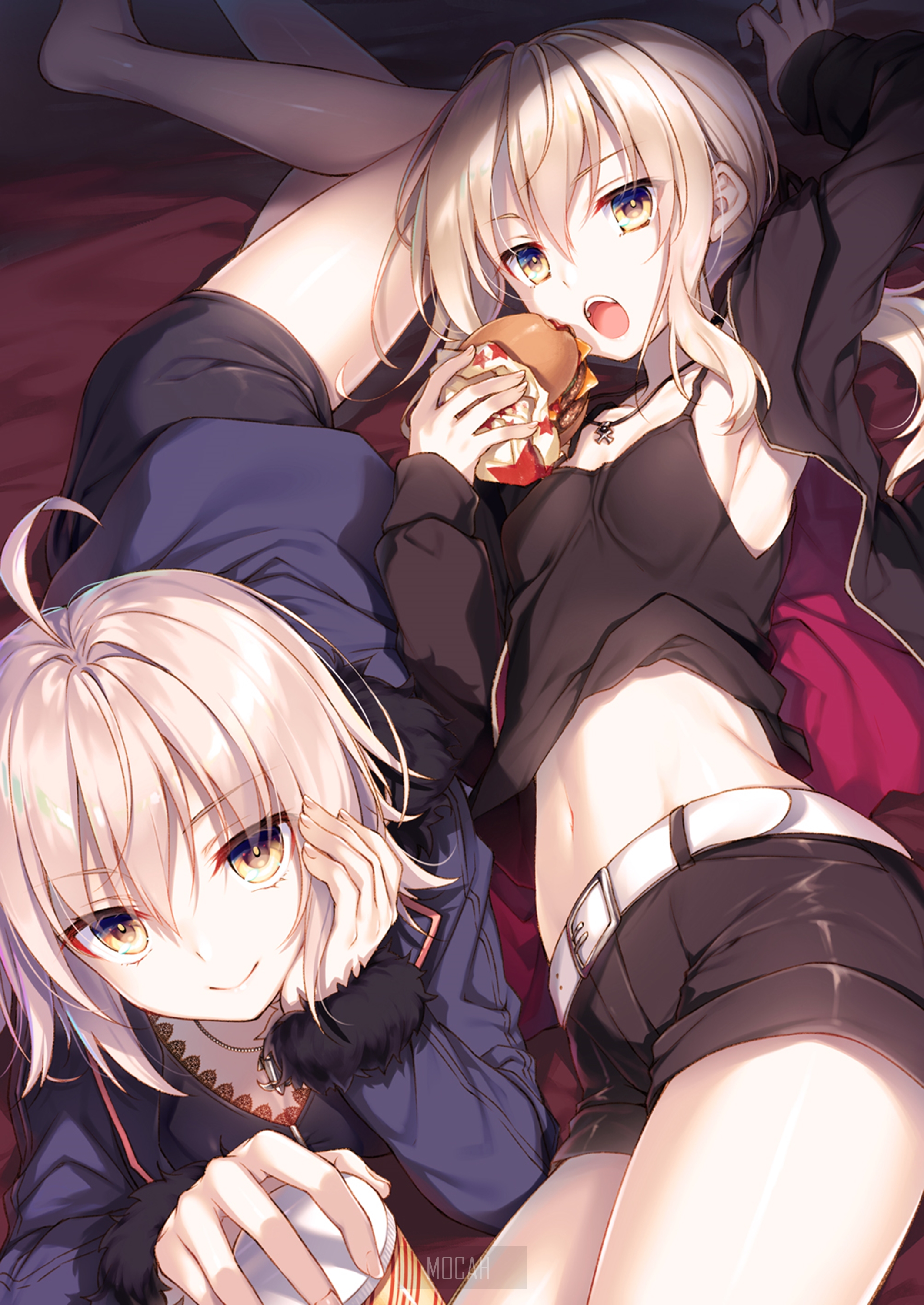 Saber Alter and friend eating a burger from Fate/Grand Order HD Phone Wallpaper