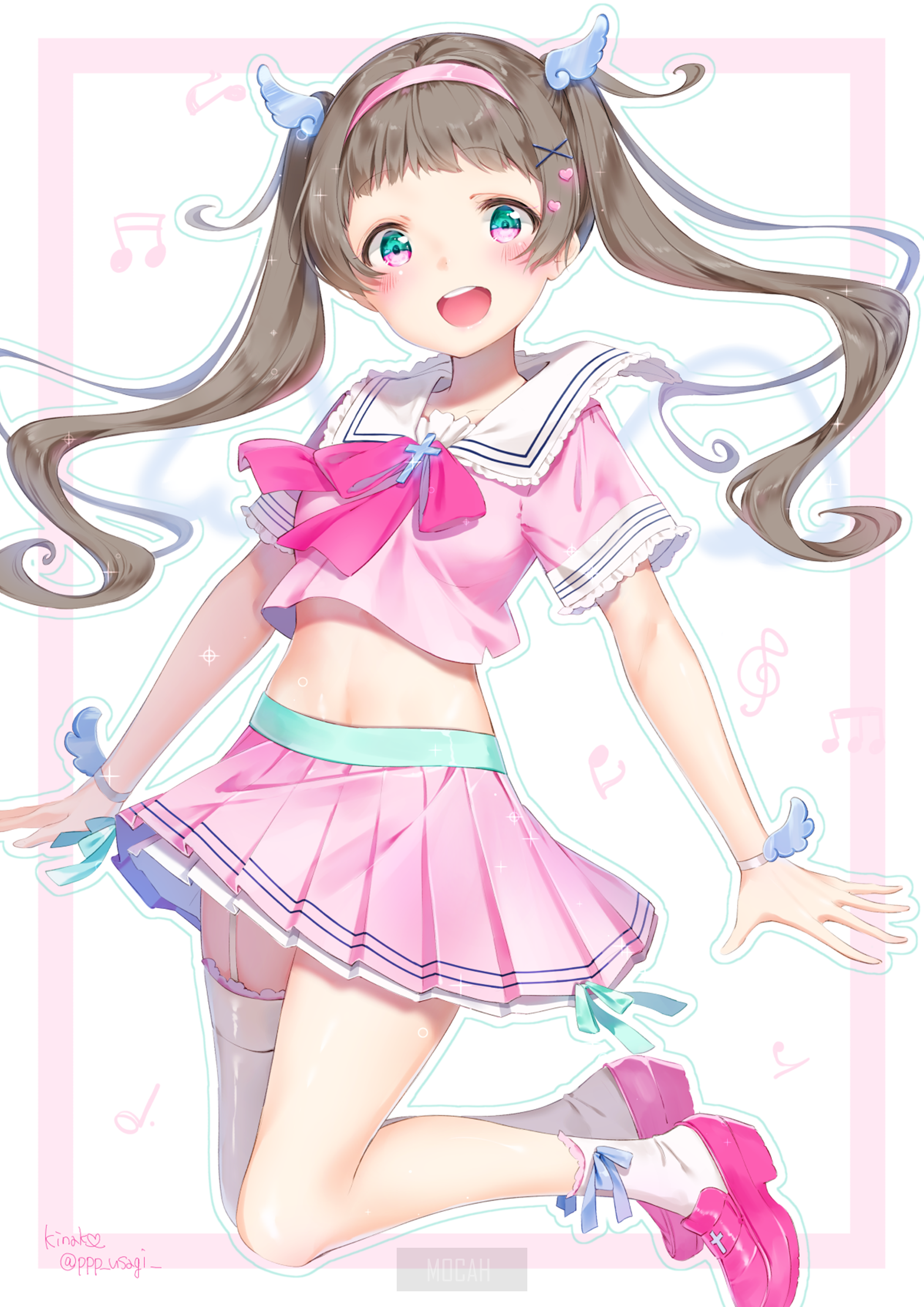 Anime girl in pink school uniform jumping HD Phone Wallpaper