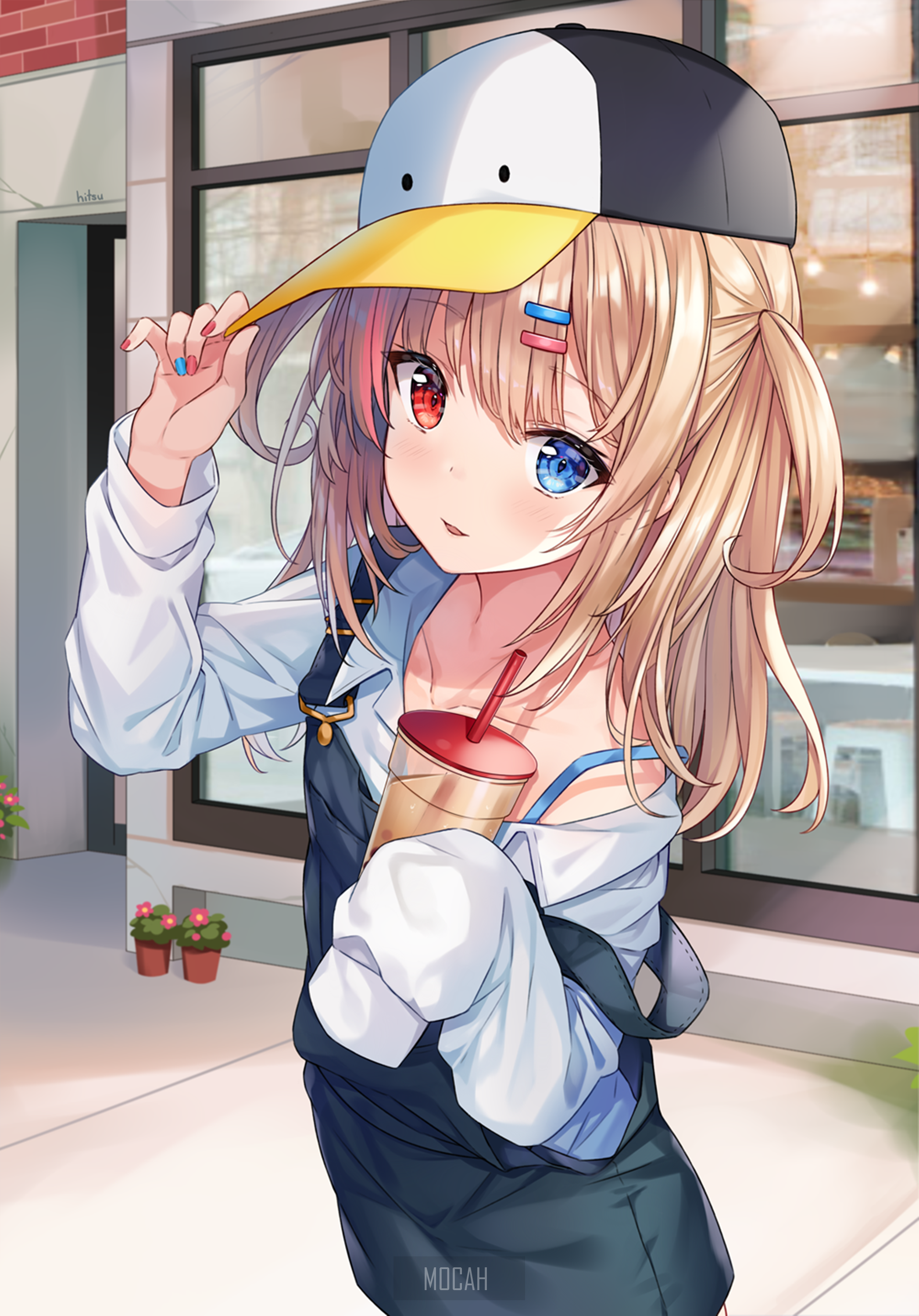 Anime Girl with Heterochromia Holding Drink HD Phone Wallpaper