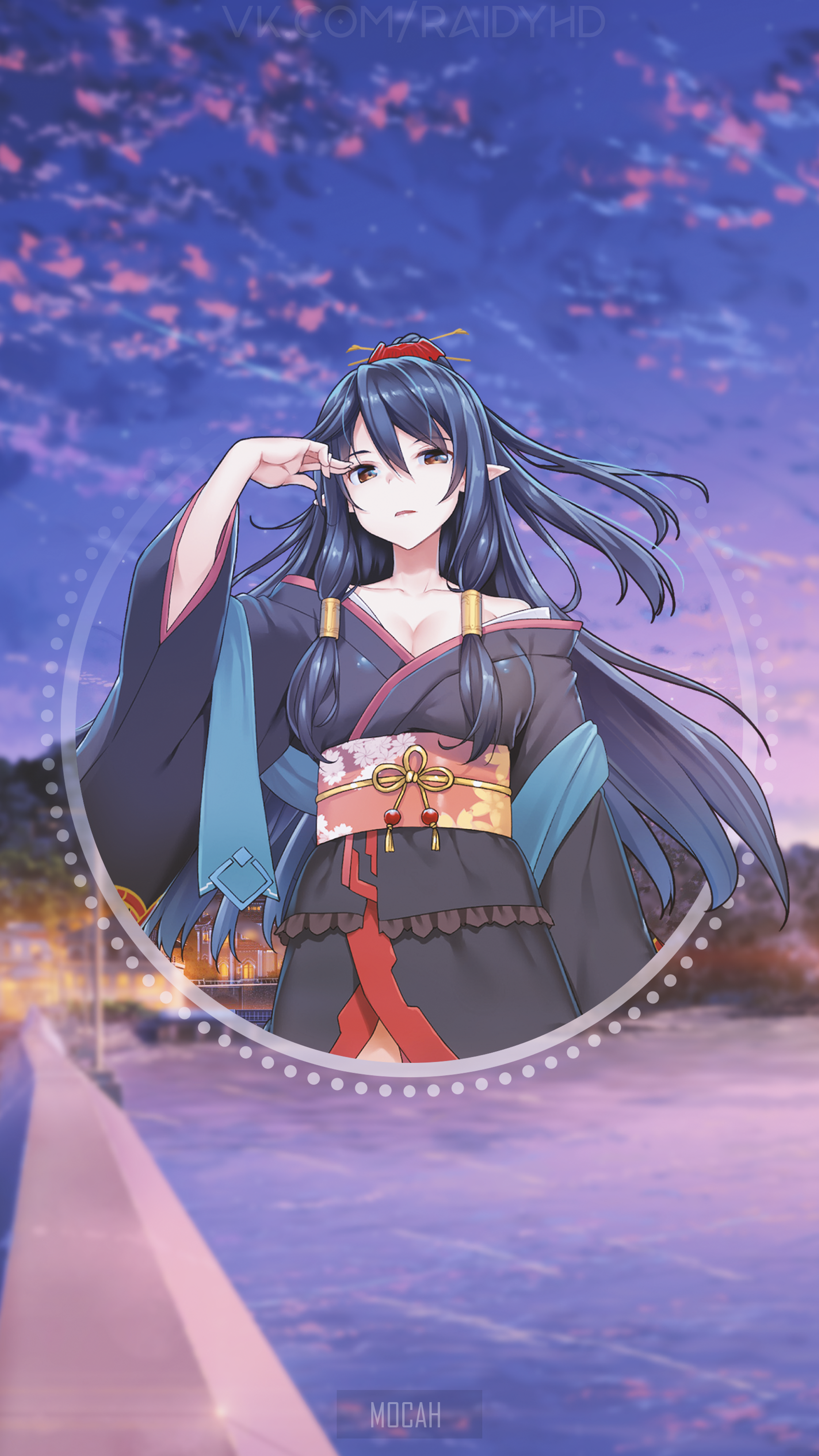 Anime girl in kimono against twilight sky HD Phone Wallpaper
