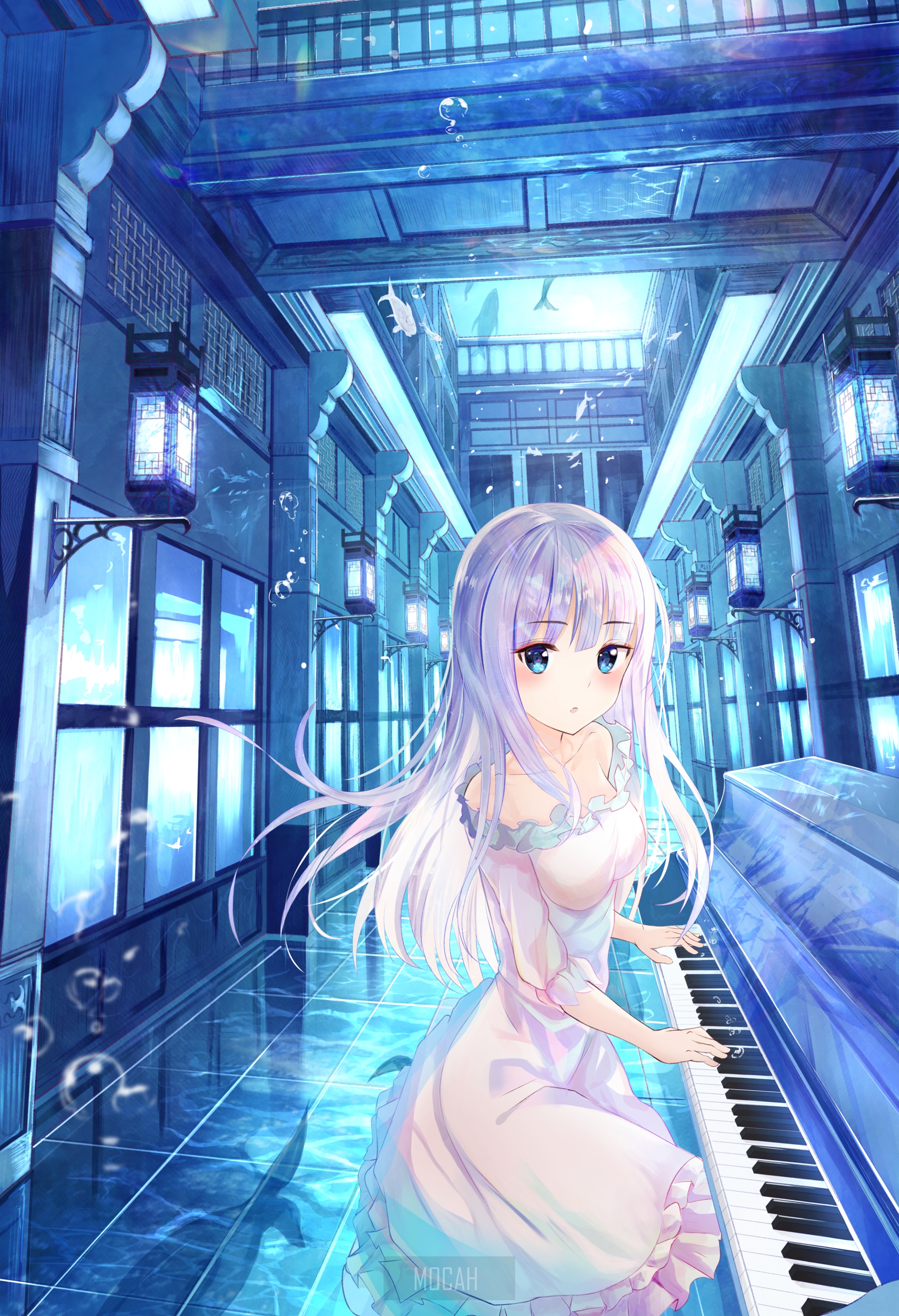 Anime girl playing piano in underwater hallway HD Phone Wallpaper