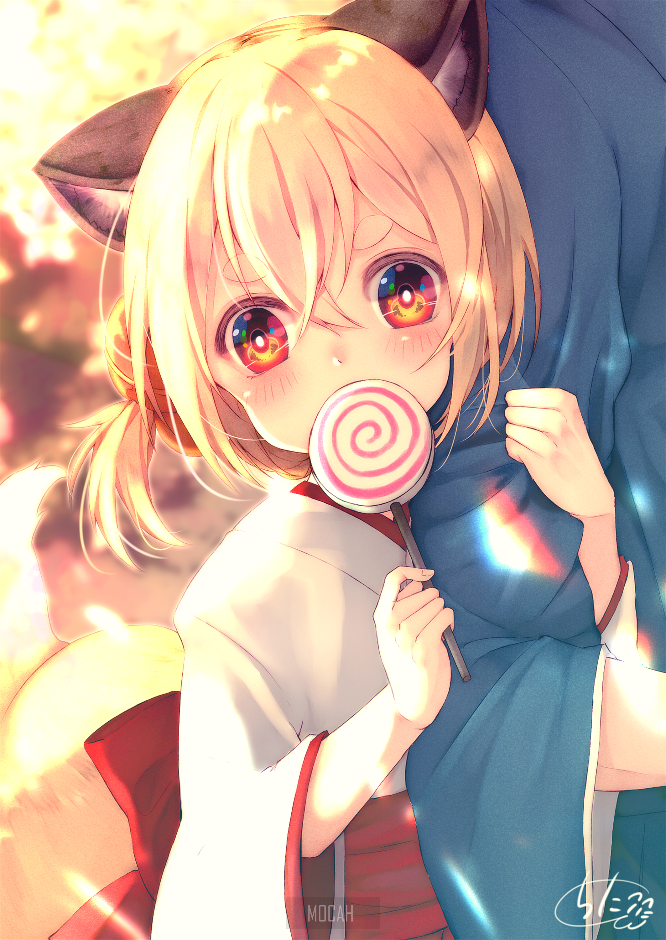 Anime fox girl with lollipop in Japanese clothes HD Phone Wallpaper