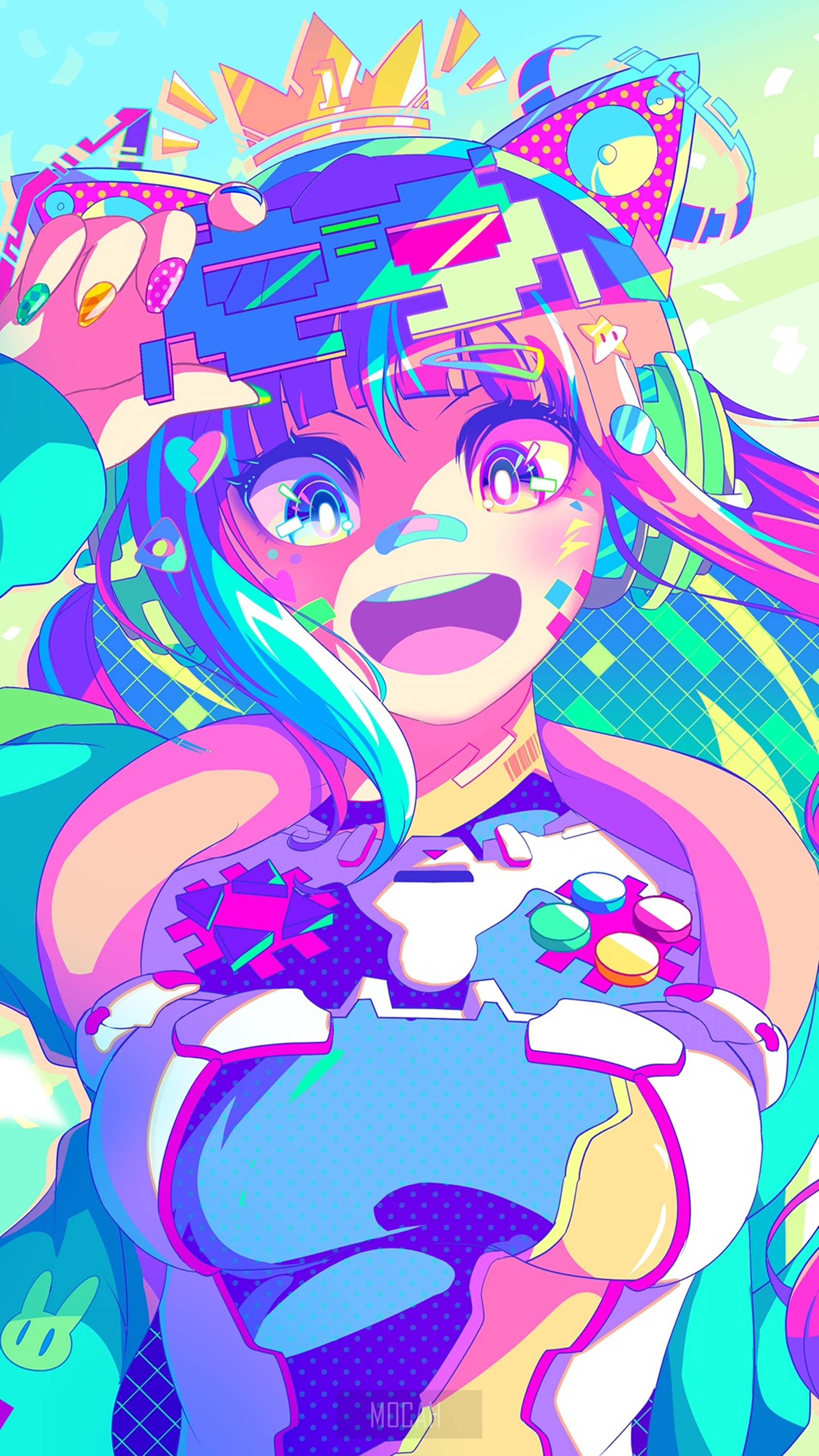 Anime girl with crown and headphones holding controller HD Phone Wallpaper