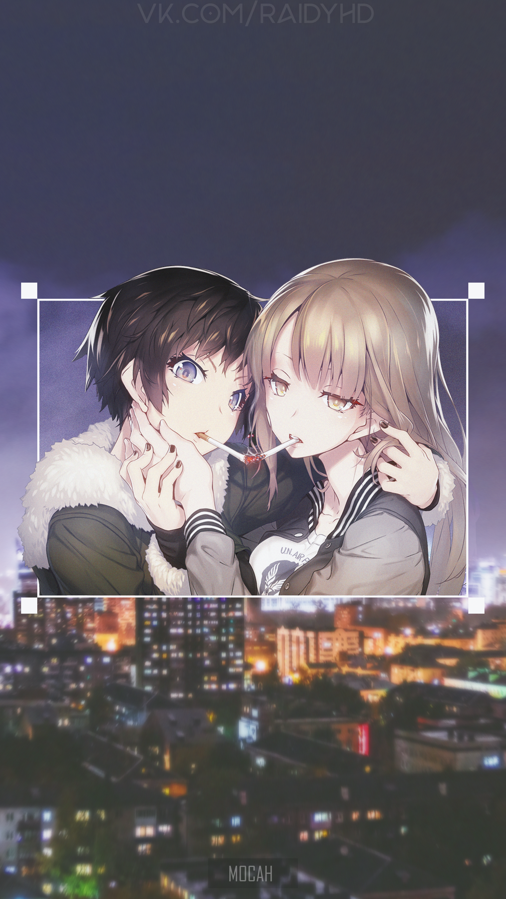 Anime couple smoking cigarettes at night HD Phone Wallpaper