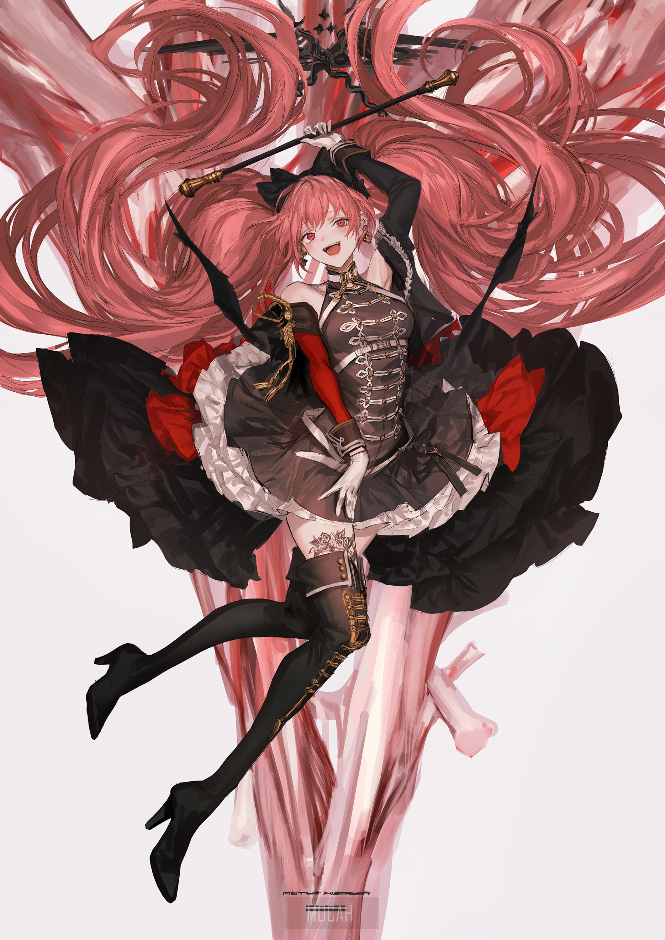 Anime girl with pink hair and red eyes holding a staff HD Phone Wallpaper