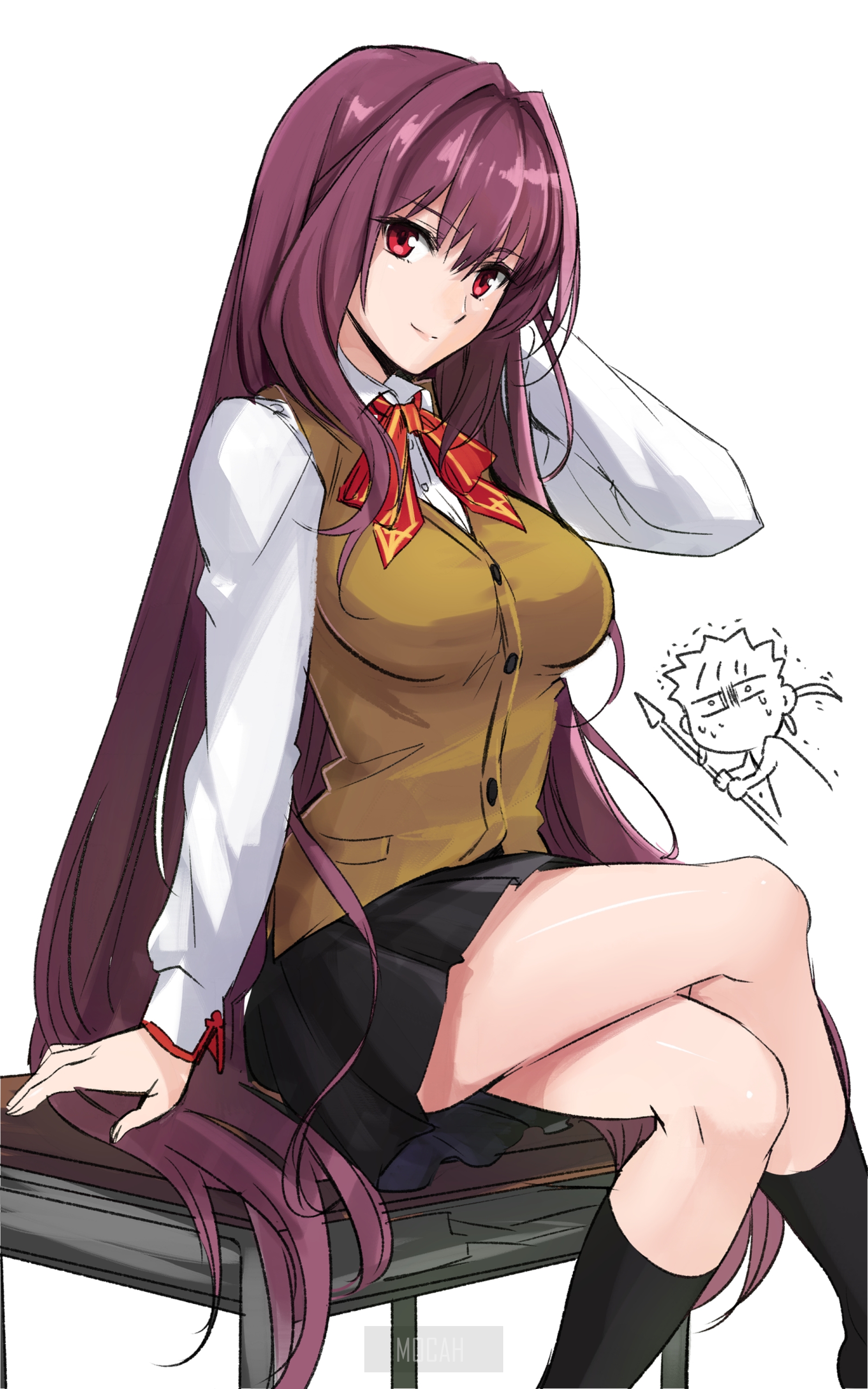 Scathach from Fate/Grand Order sitting on a desk HD Phone Wallpaper
