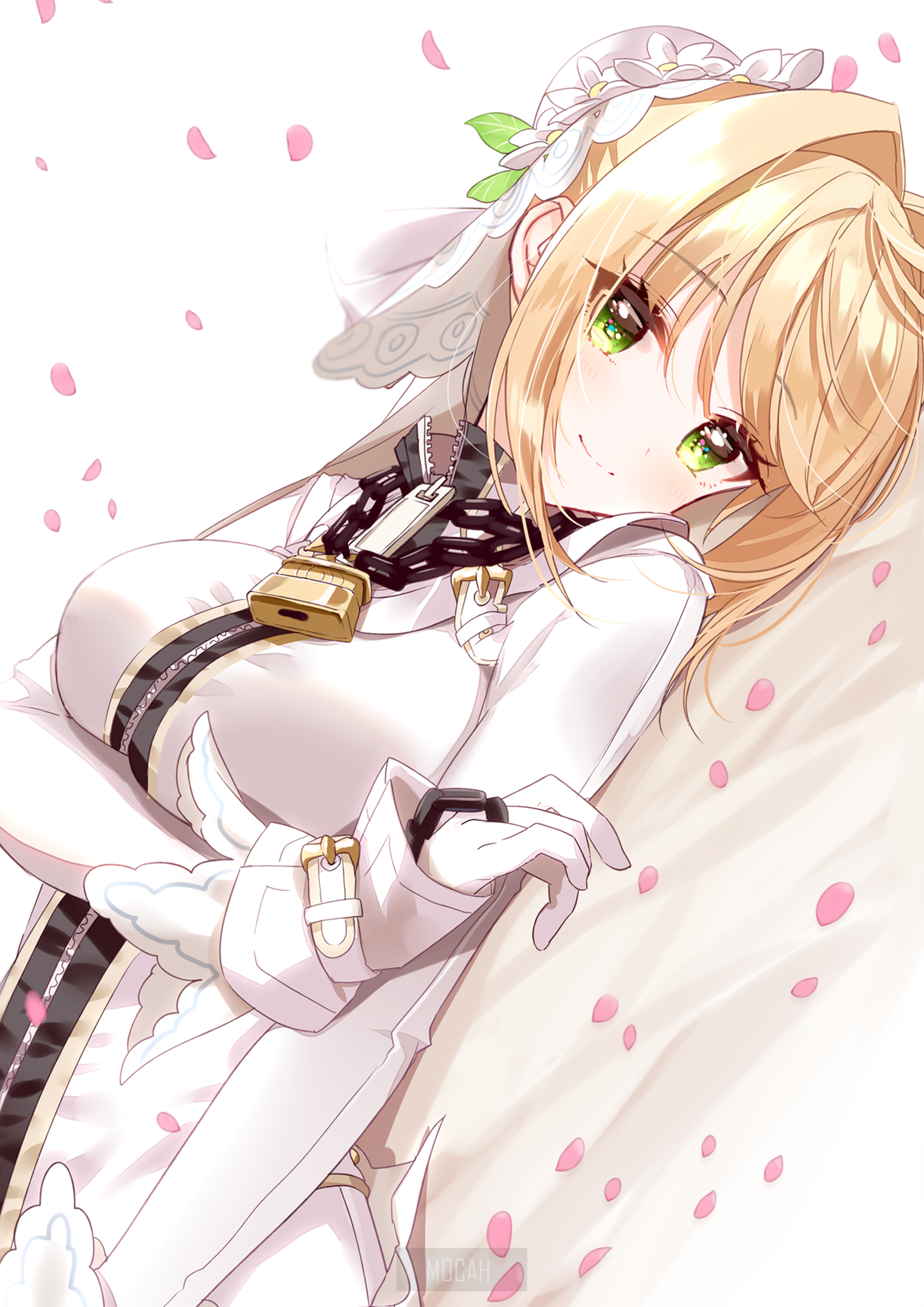 Anime girl with blonde hair and green eyes in a white dress HD Phone Wallpaper