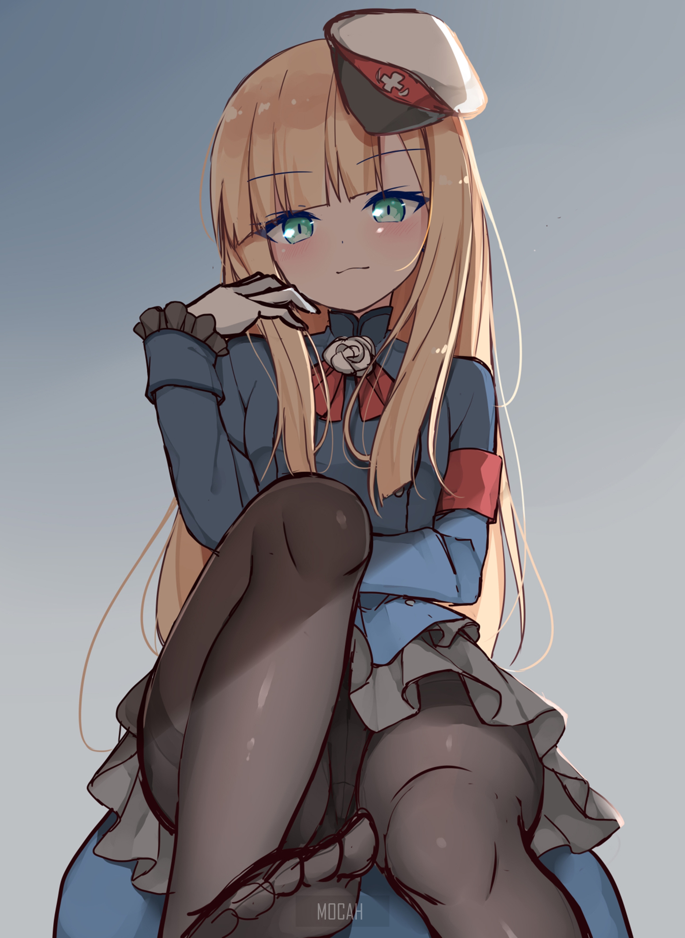Anime girl with blonde hair and green eyes wearing a hat and gloves HD Phone Wallpaper