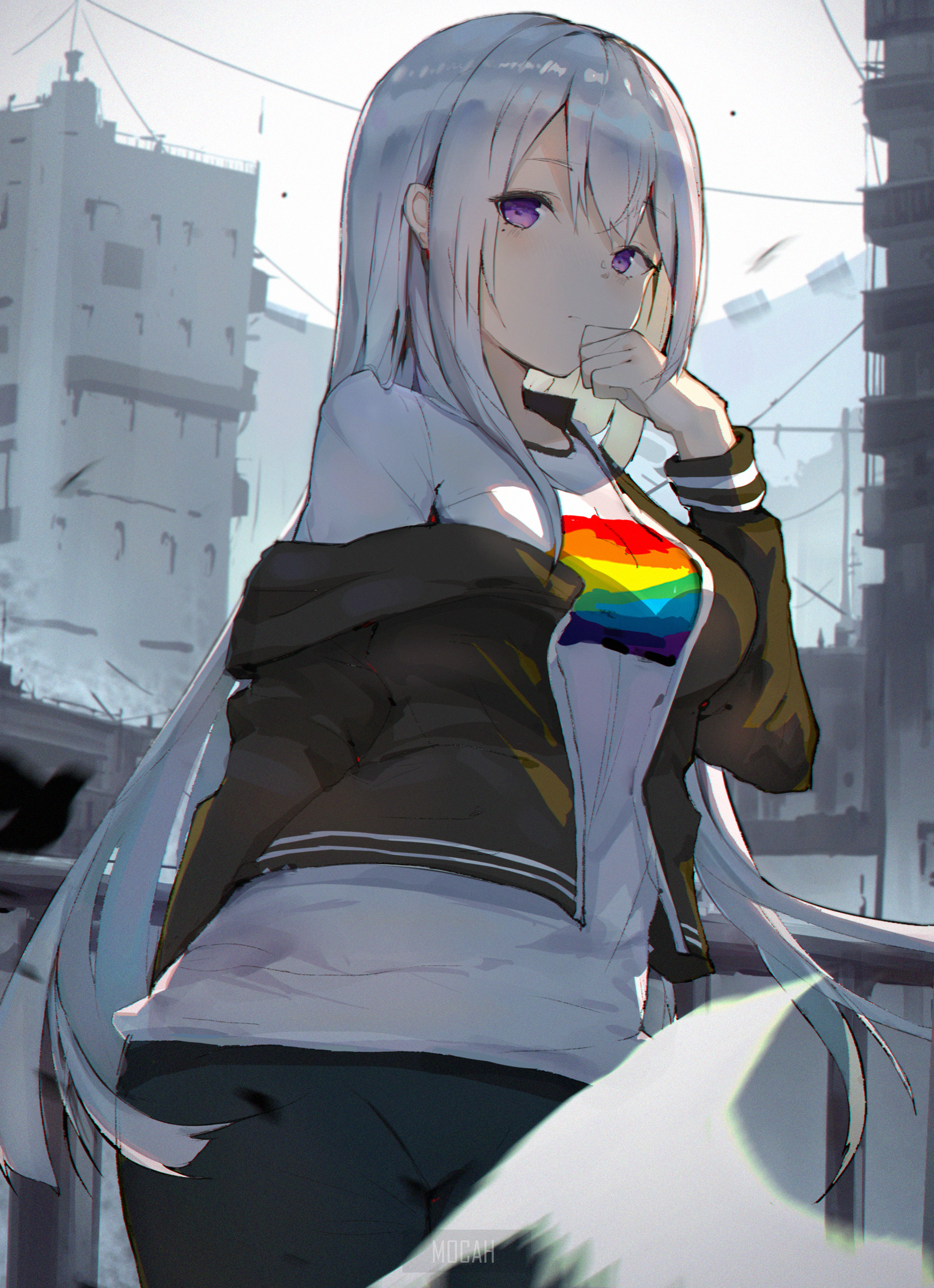Anime girl with long white hair and purple eyes HD Phone Wallpaper