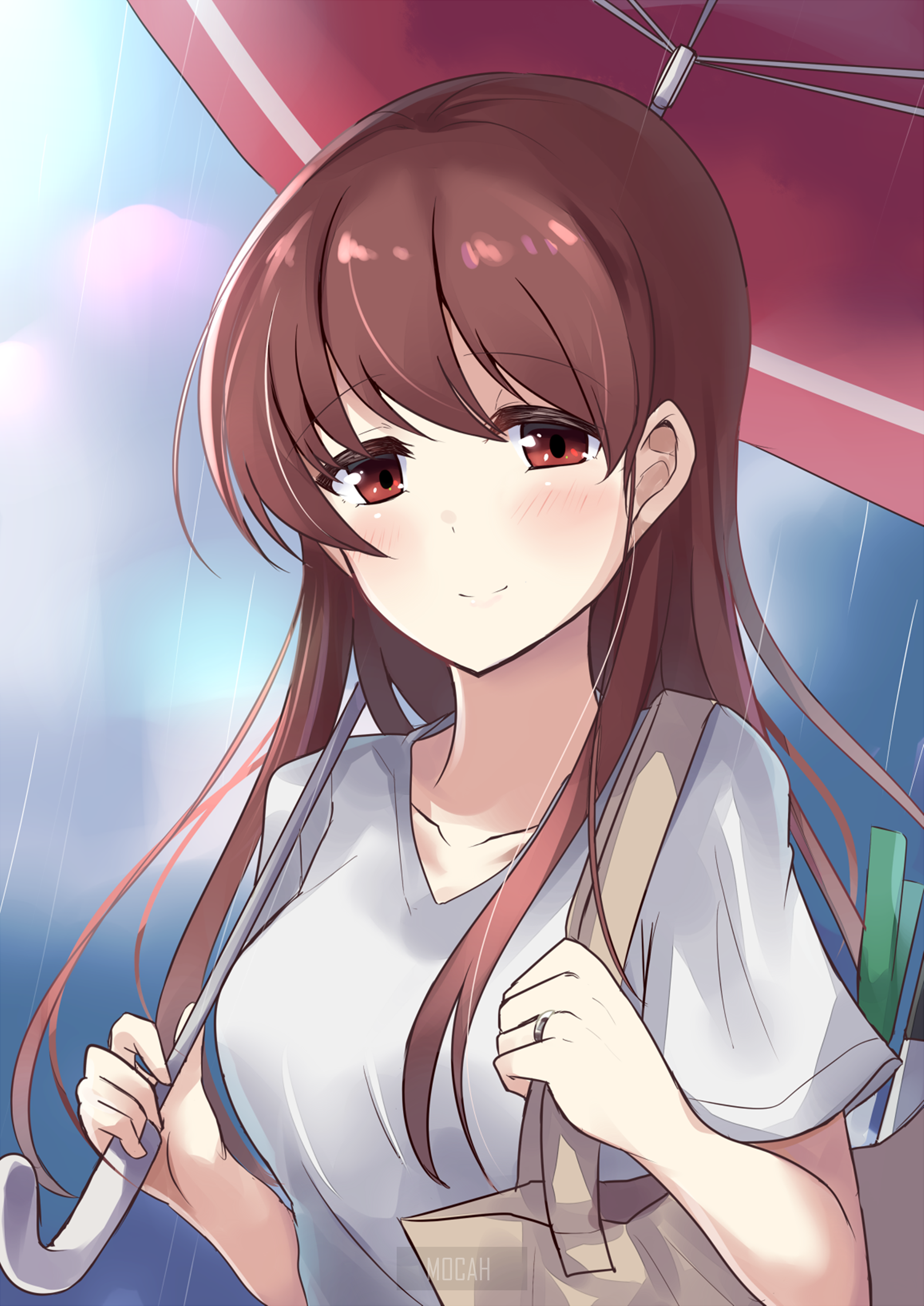 Anime girl with brown hair holding an umbrella HD Phone Wallpaper