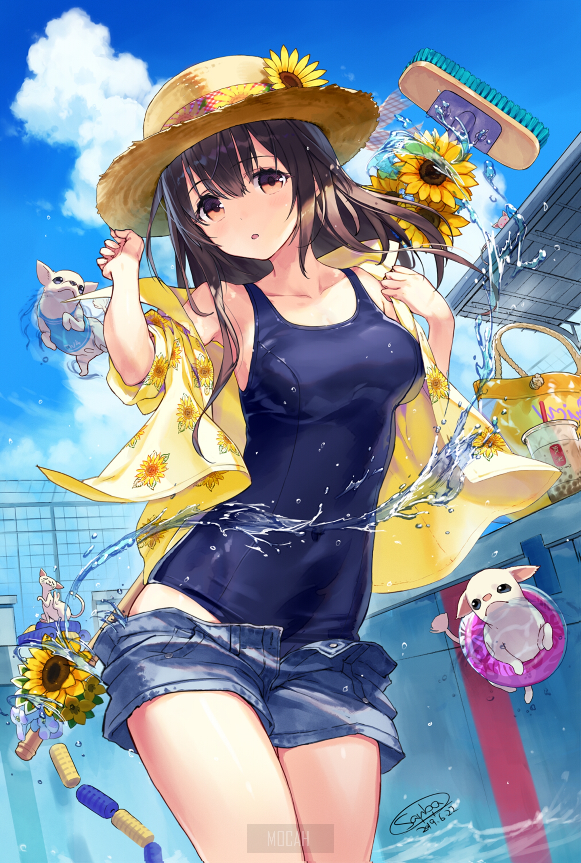 Anime girl in swimsuit and hat with sunflowers and dogs HD Phone Wallpaper