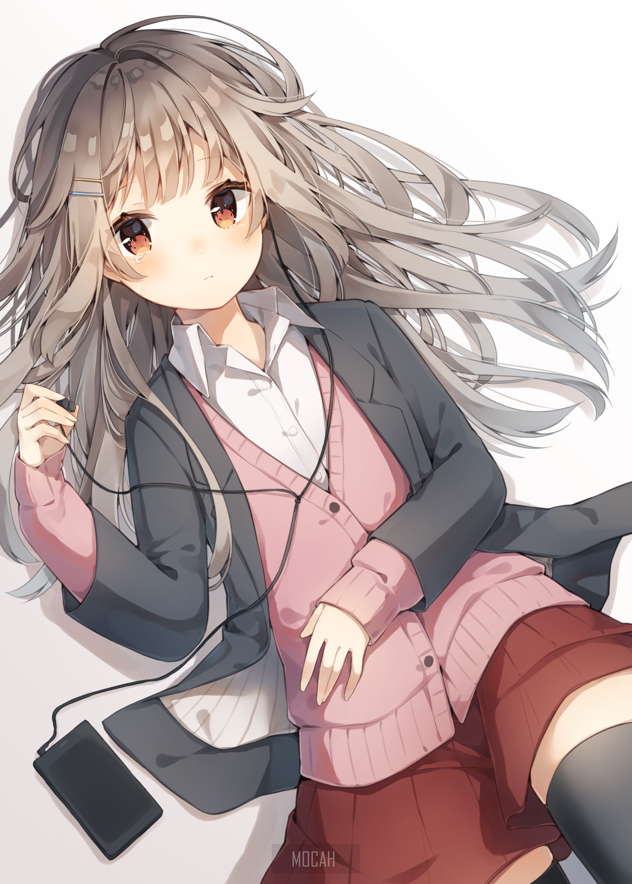 Anime Girl with Long Gray Hair in School Uniform HD Phone Wallpaper