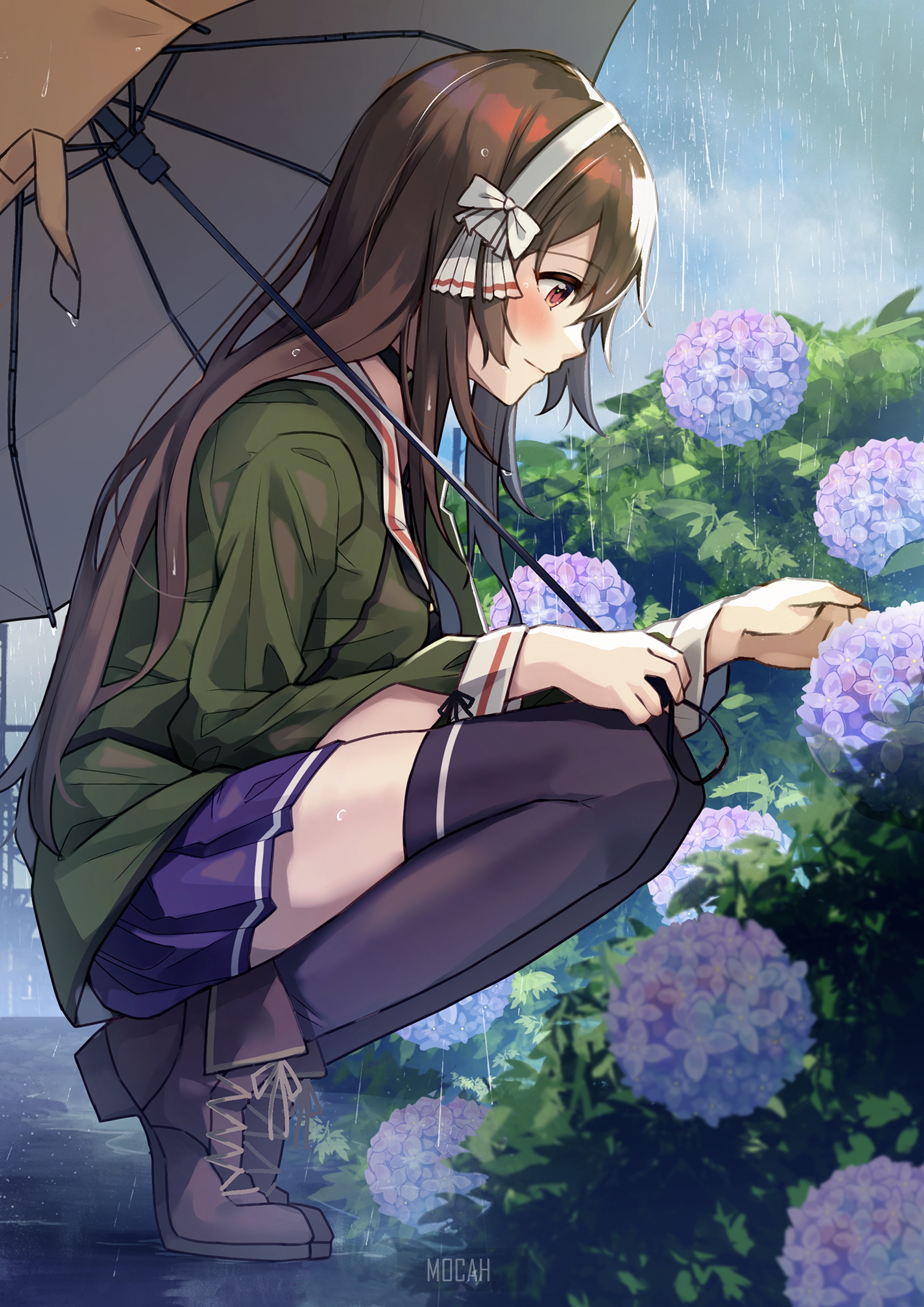 Anime girl with umbrella in the rain near hydrangeas HD Phone Wallpaper