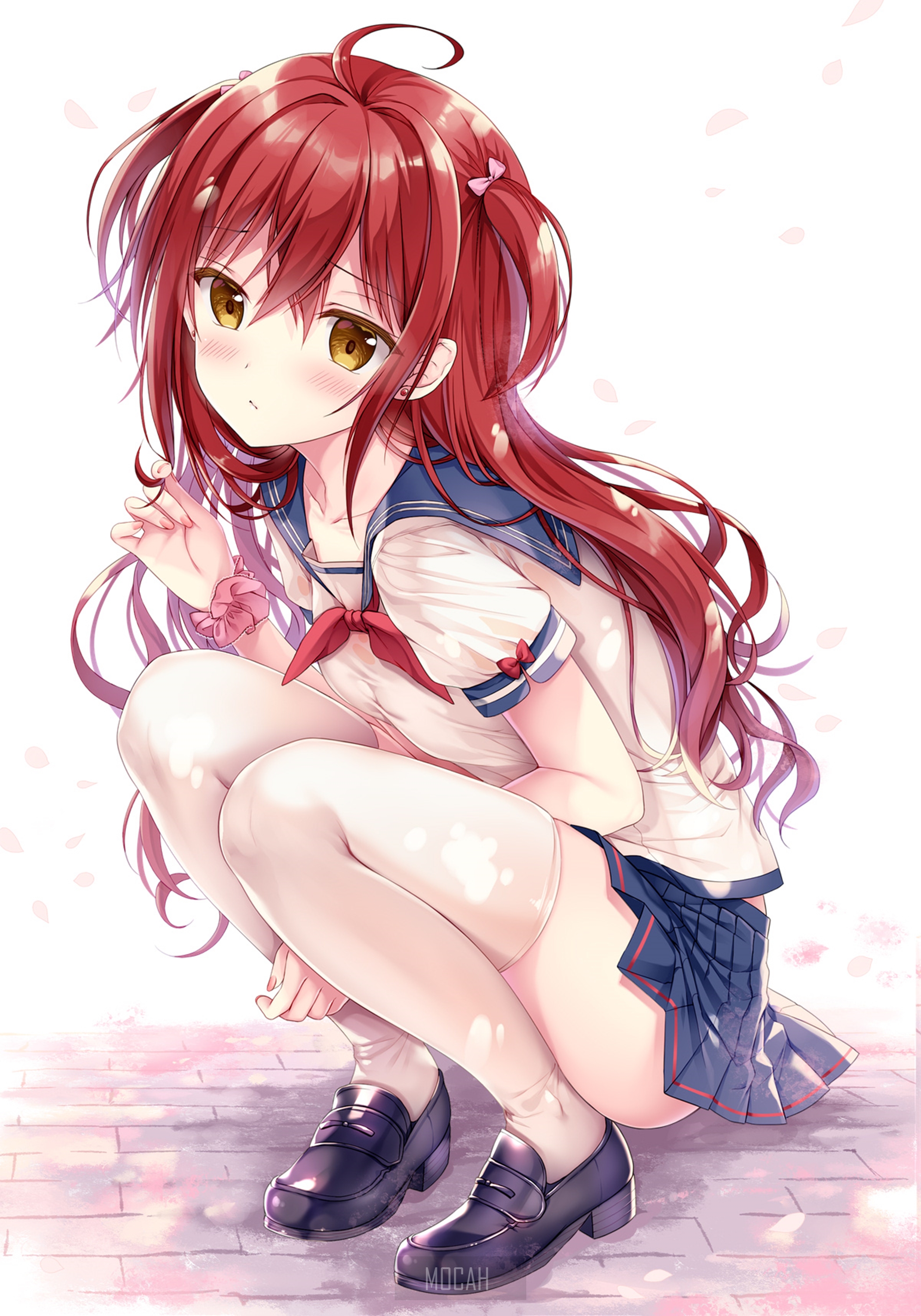 Anime girl in school uniform with red hair HD Phone Wallpaper