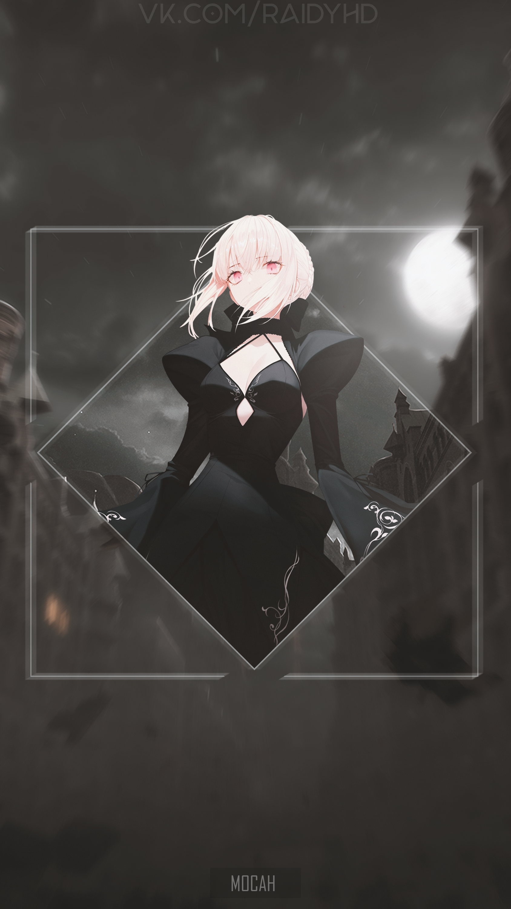 Anime girl in black dress under the moon HD Phone Wallpaper